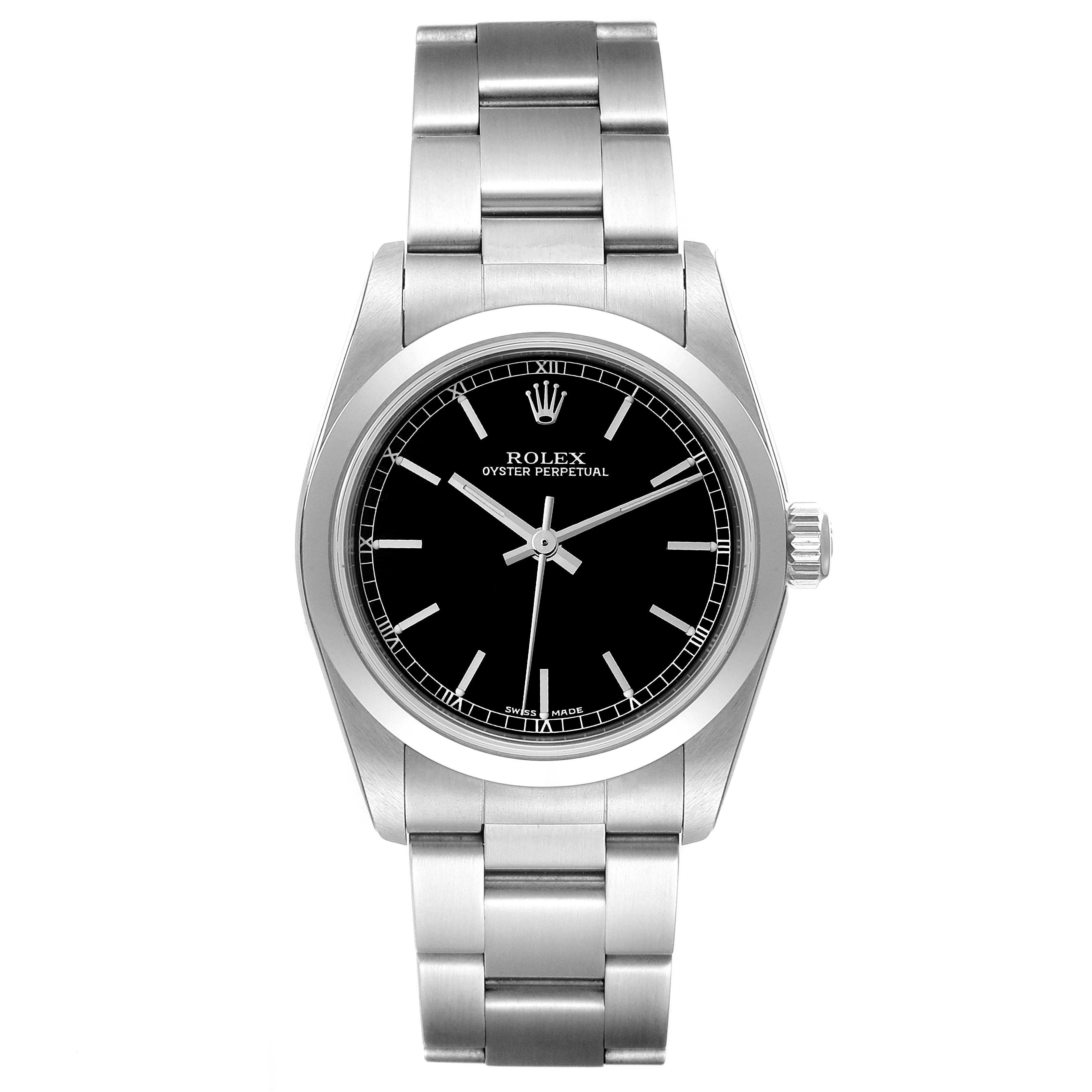 This image displays a front view of a Rolex Oyster Perpetual Mid-Size watch, highlighting the black dial and stainless steel bracelet.