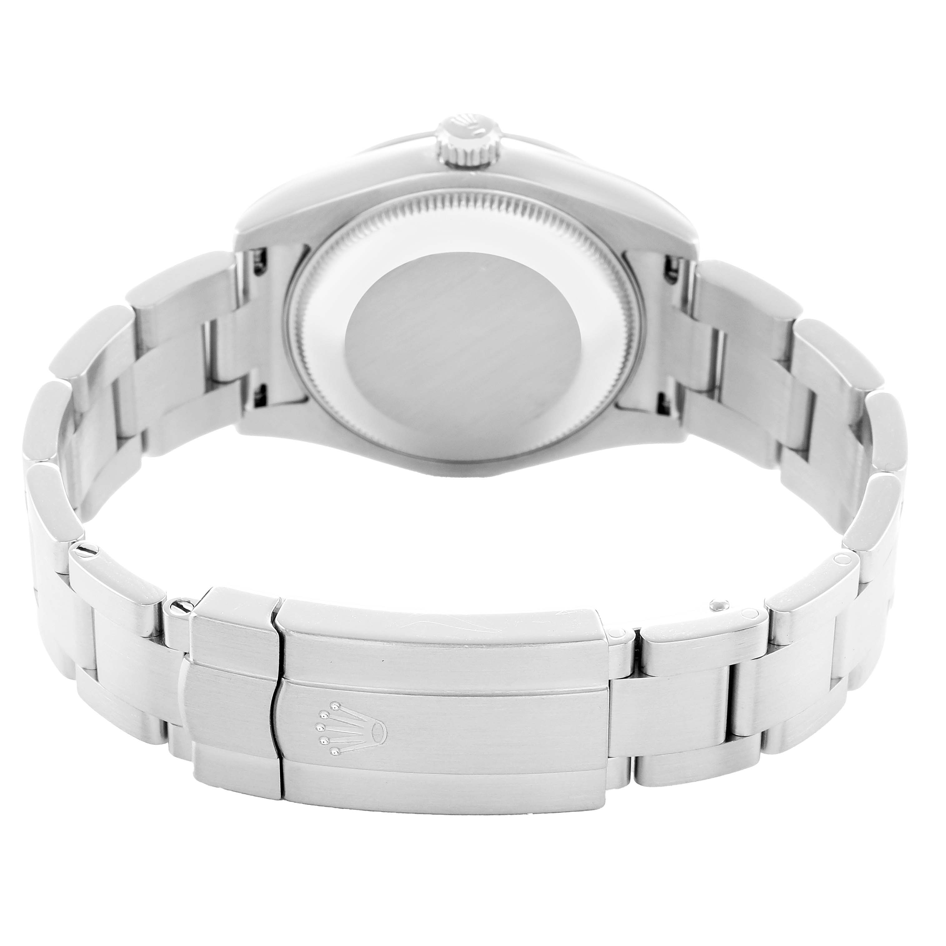 The image shows the back of a Rolex Mid-Size 177200 Women
s Stainless Steel Silver Dial watch, featuring the case back and bracelet with a clasp bearing the Rolex logo.