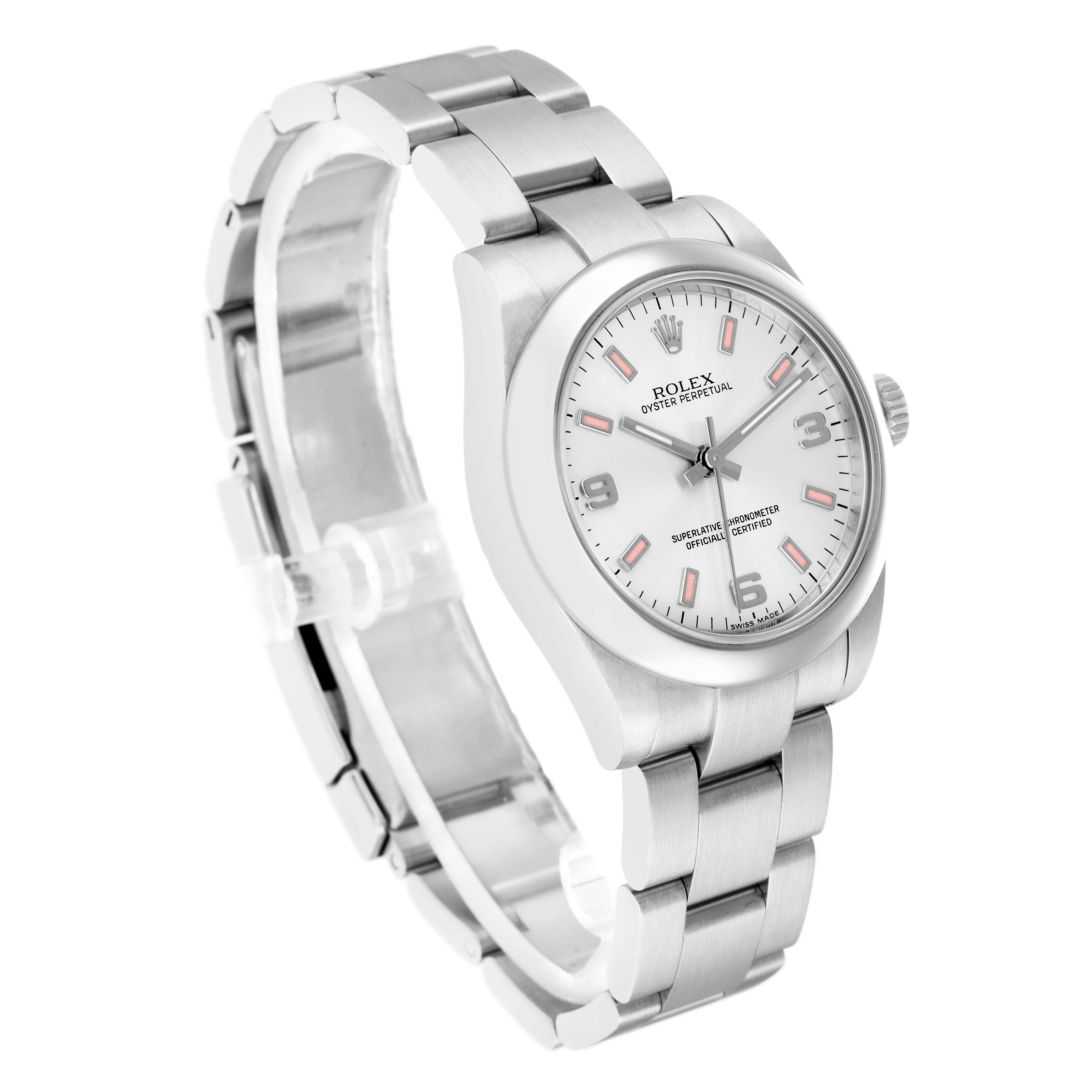 The image shows a Rolex Mid-Size 177200 Women
s Stainless Steel Silver Dial watch at a slight angle, highlighting the bracelet, case, and dial.