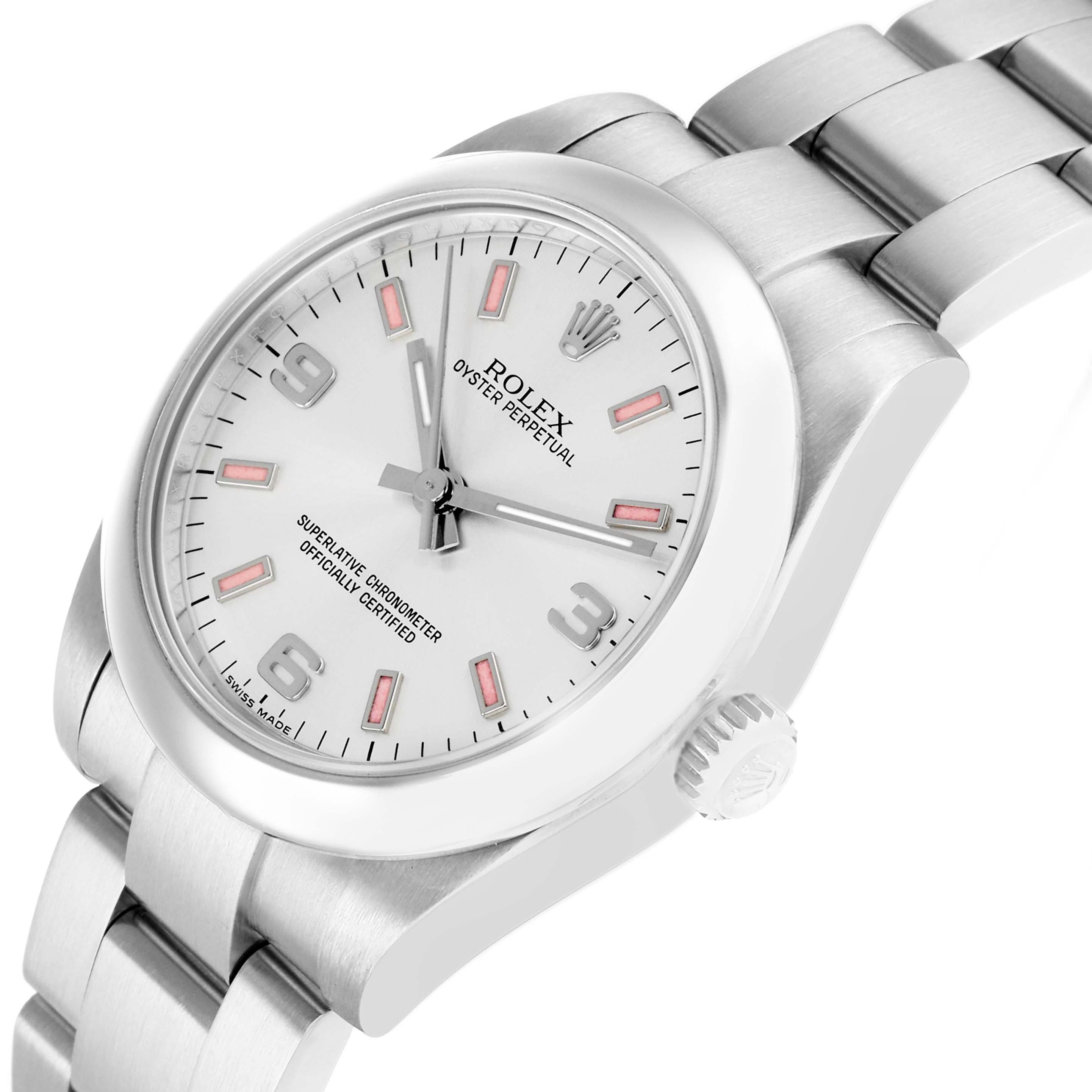 The Rolex Mid-Size 177200 Women
s Stainless Steel Silver Dial watch is shown at a tilted angle, highlighting the dial, bezel, crown, and part of the bracelet.