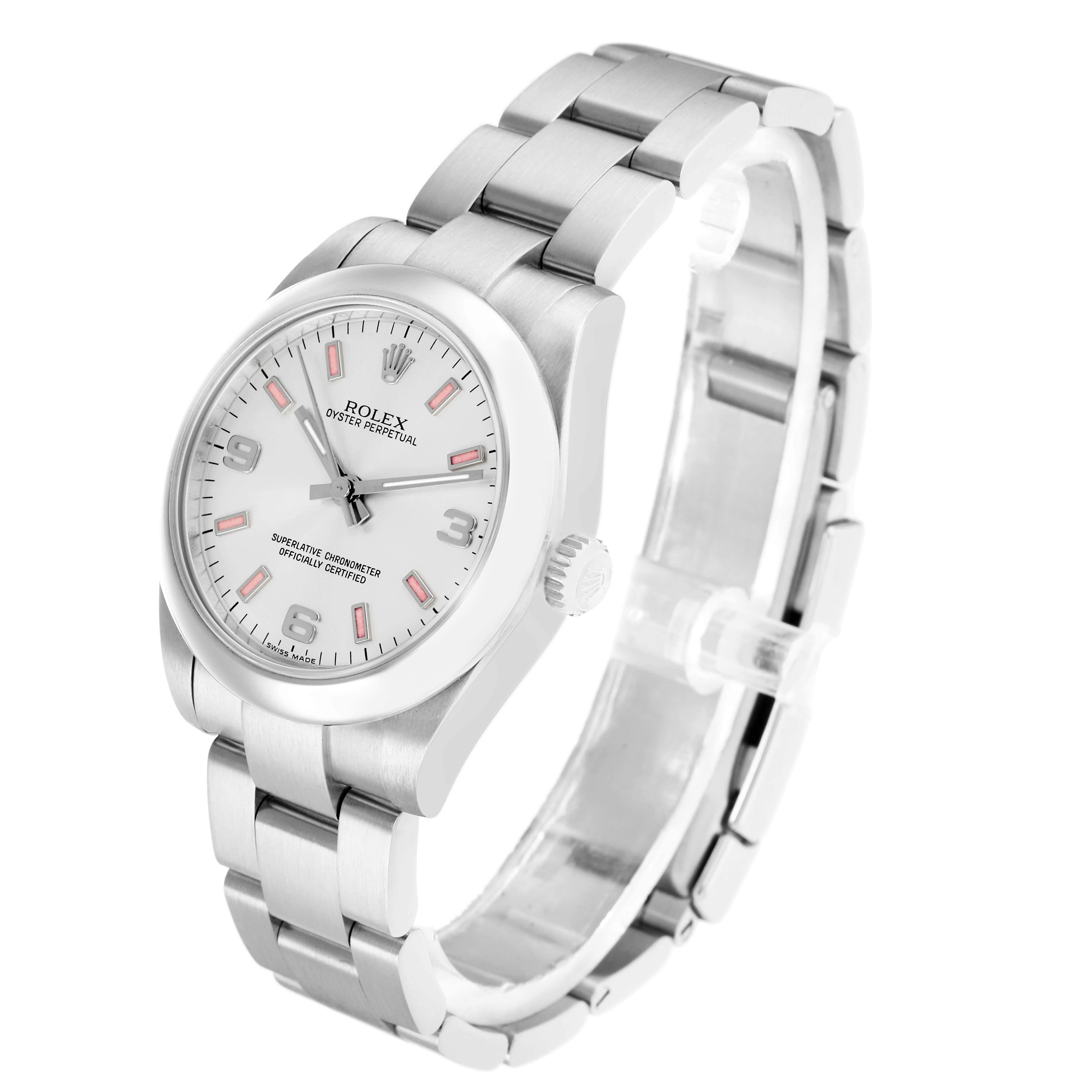 The Rolex Mid-Size 177200 Women
s Stainless Steel Silver Dial Oyster Perpetual watch is shown at an angled view, displaying the dial, bezel, and bracelet.