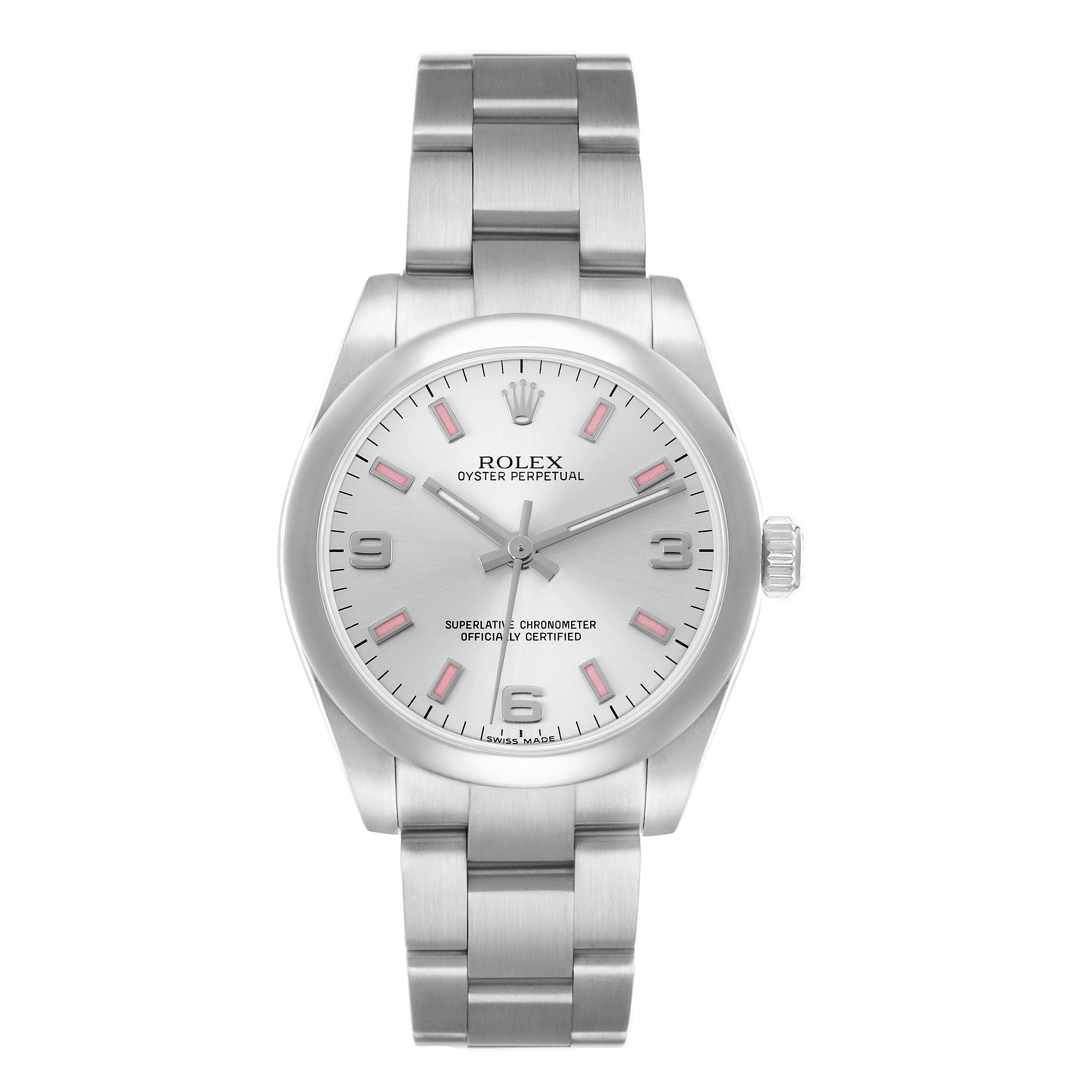 The Rolex Mid-Size 177200 Women
s Stainless Steel Silver Dial watch is shown from a front angle, displaying the dial, bracelet, and crown.