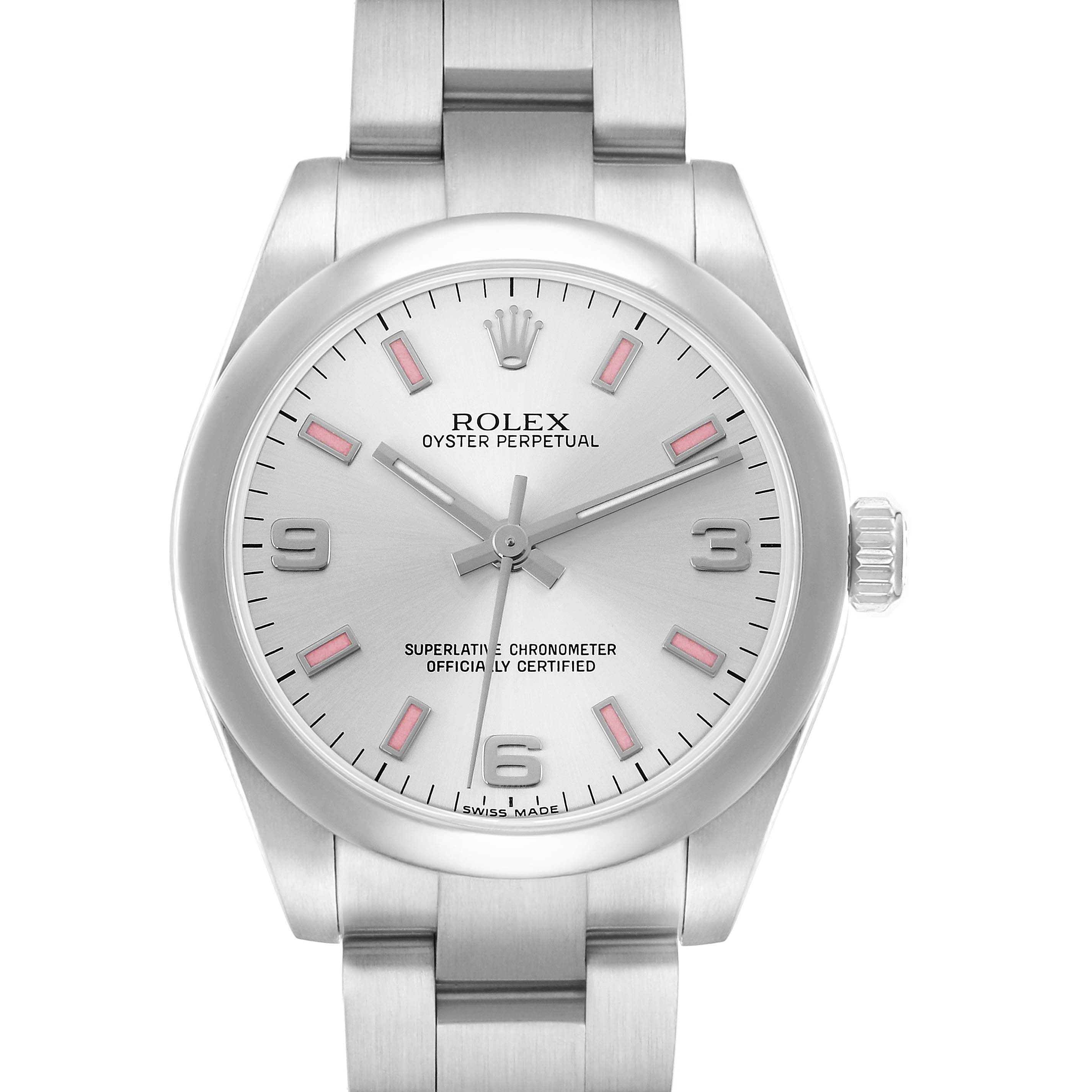 The Rolex Mid-Size 177200 Women
s Stainless Steel Silver Dial watch is shown from a frontal angle, displaying the dial, hands, bezel, lugs, and part of the bracelet.