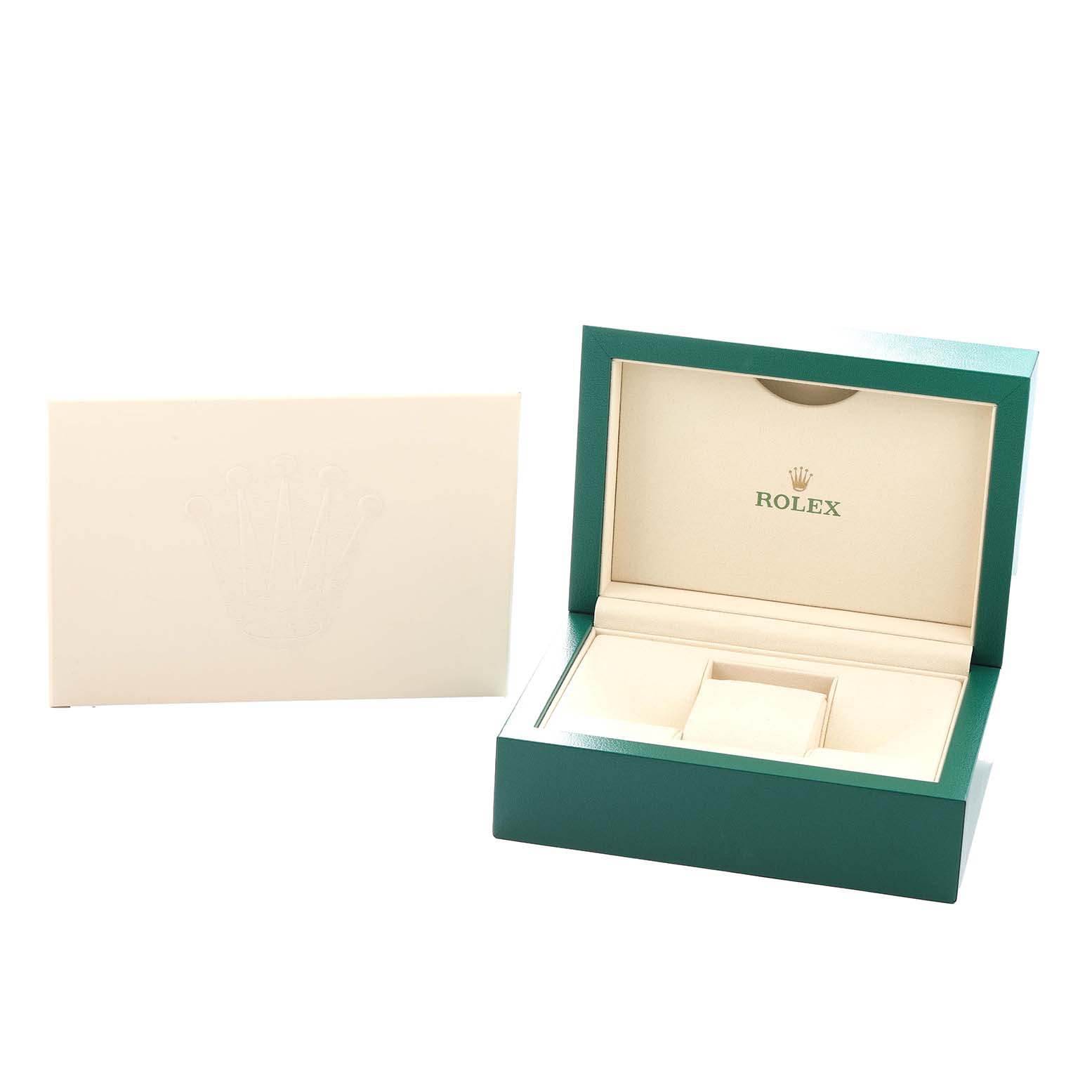 The image shows a Rolex Mid-Size 177200 Women
s Stainless Steel Silver Dial model watch box, open with an accompanying booklet on the left.