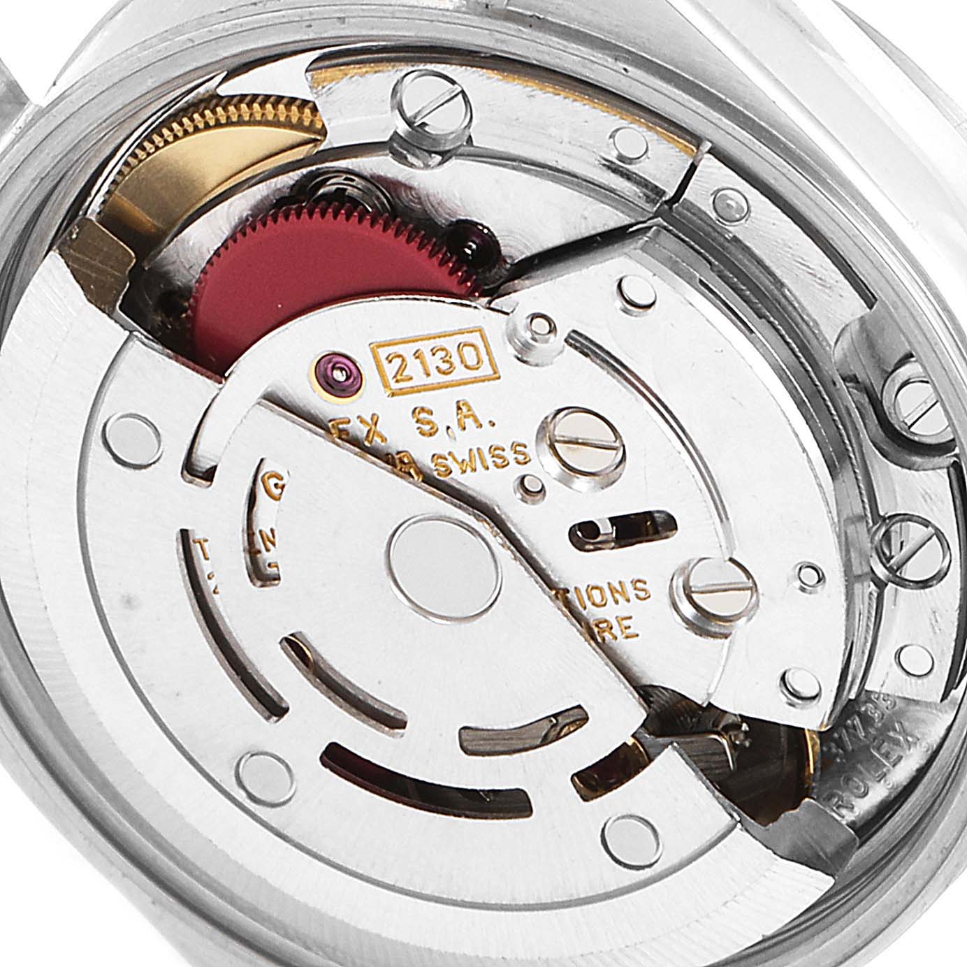 This image shows a close-up view of the movement inside a Rolex Oyster Perpetual 67194 Women's Stainless Steel Black Dial 67194 Women's Stainless Steel Black Dial watch model.