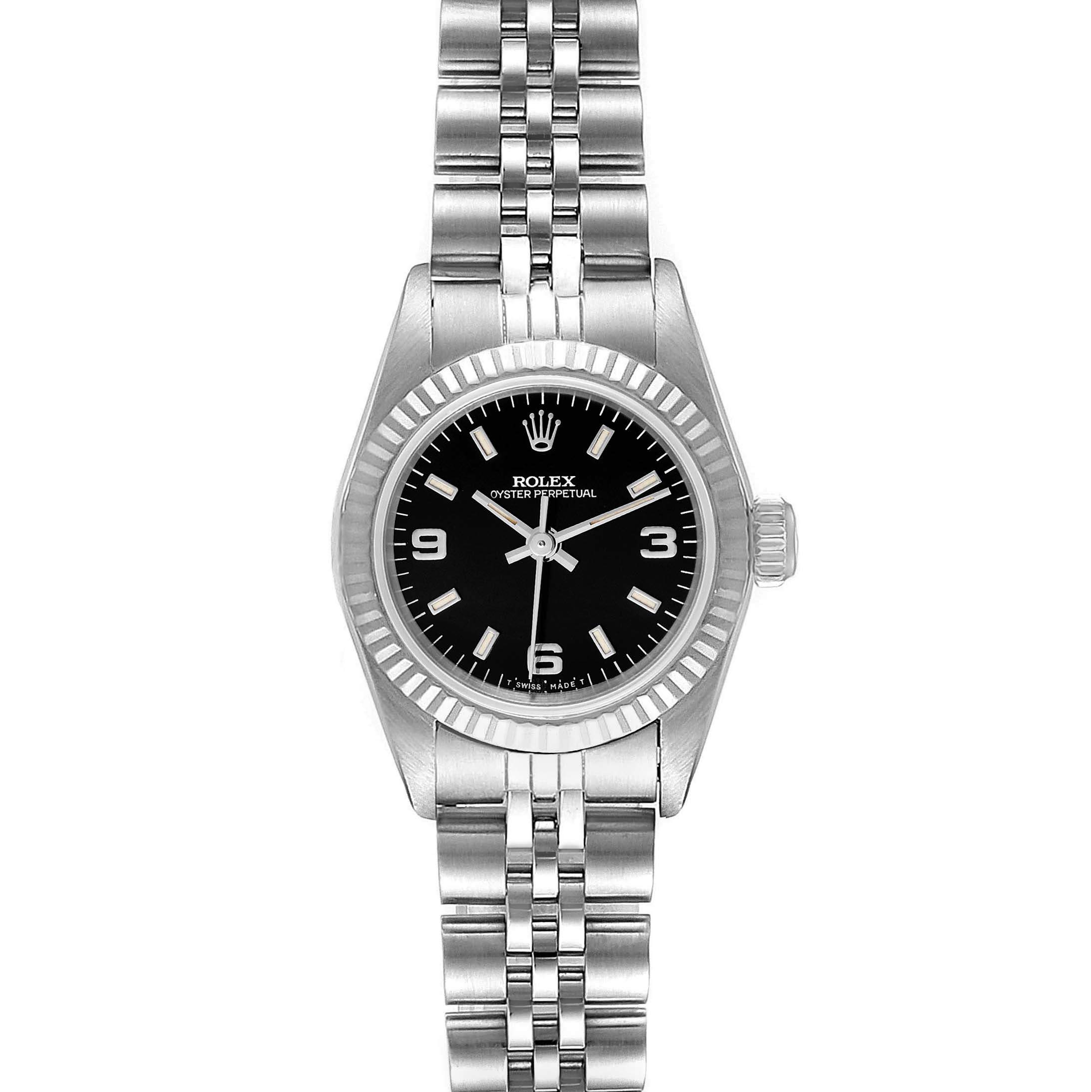 This is a front view of a Rolex Oyster Perpetual 67194 Women's Stainless Steel Black Dial 67194 Women's Stainless Steel Black Dial watch, showing the dial, case, and bracelet.