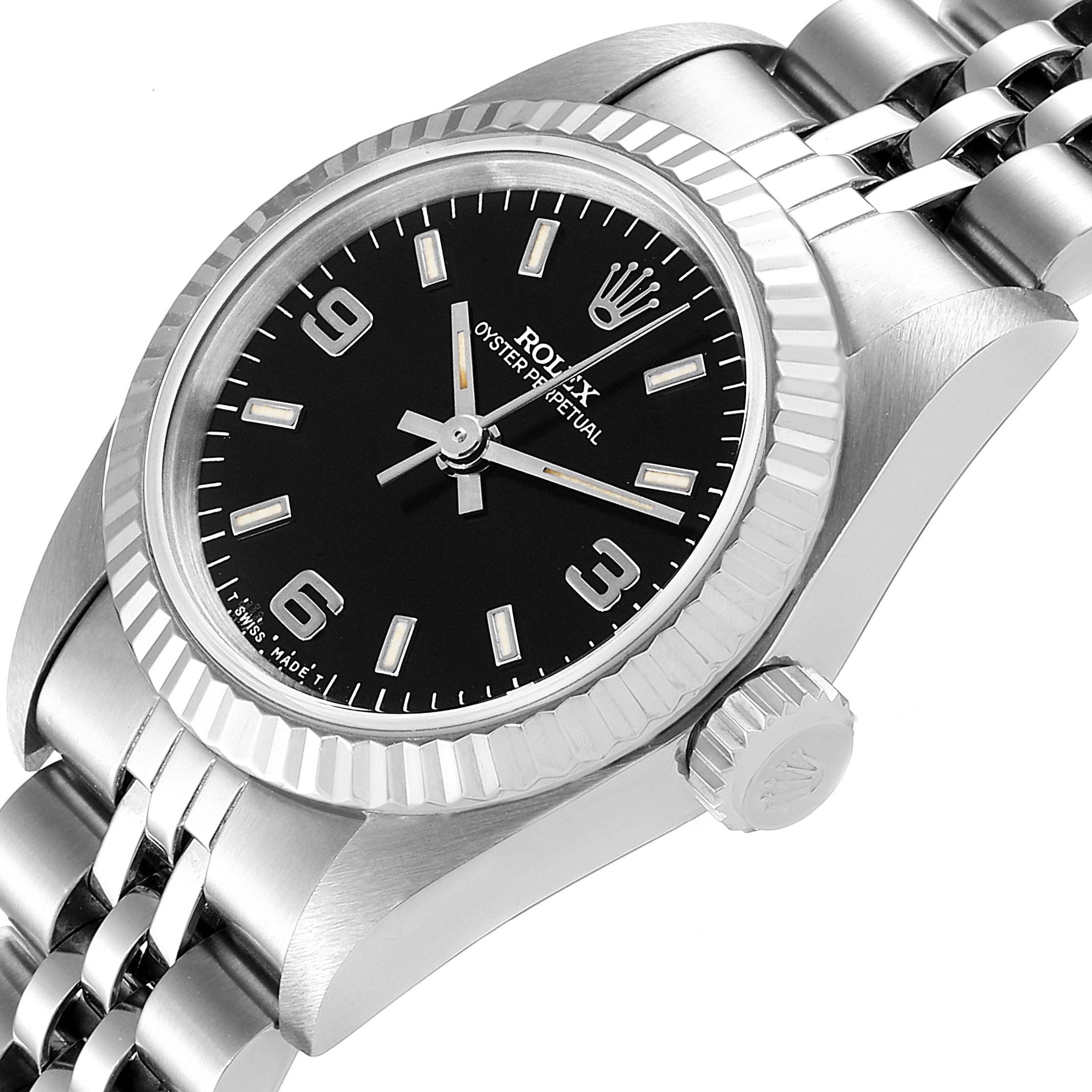 The image shows a frontal and slightly angled view of the Rolex Oyster Perpetual 67194 Women's Stainless Steel Black Dial 67194 Women's Stainless Steel Black Dial, highlighting the face, bezel, crown, and part of the bracelet.