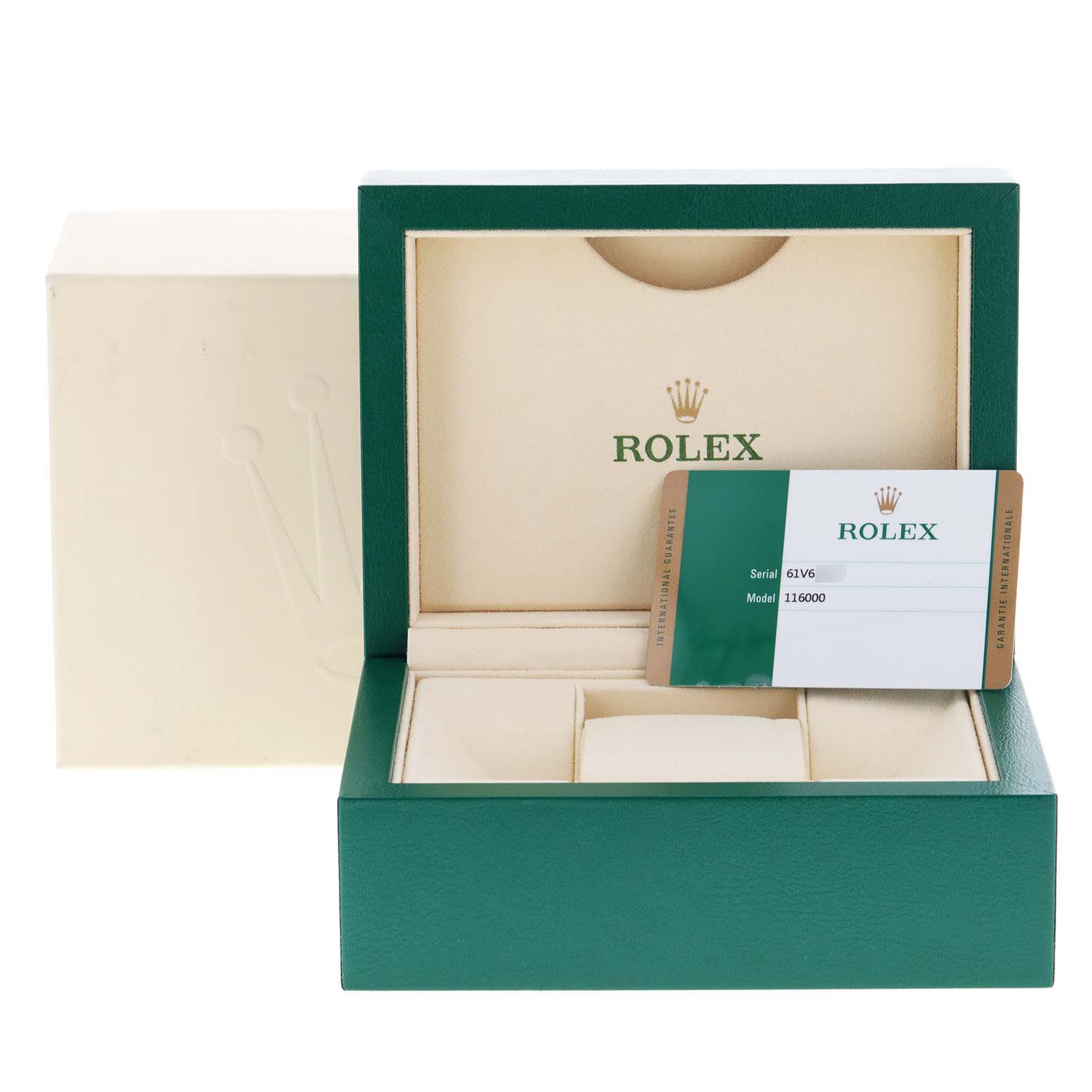 The image shows the packaging, cushion, and authenticity card for the Rolex Oyster Perpetual 116000 Men's Stainless Steel Champagne Dial 116000 Men's Stainless Steel Champagne Dial model.