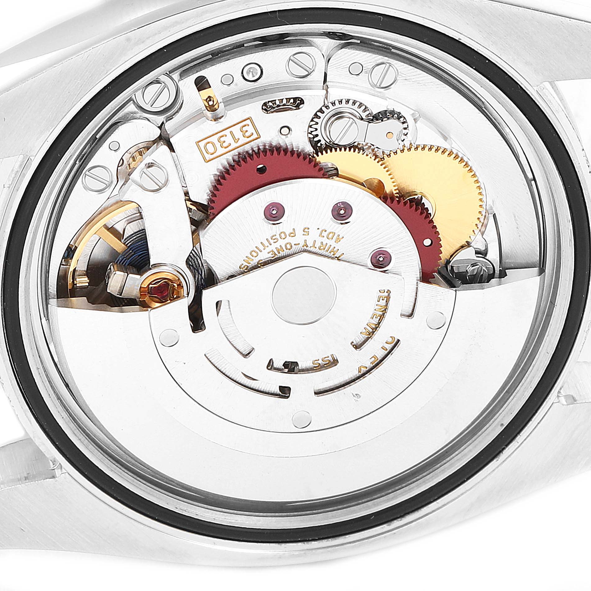 The image shows the internal mechanical movement of a Rolex Oyster Perpetual 116000 Men's Stainless Steel Champagne Dial 116000 Men's Stainless Steel Champagne Dial watch, viewed from the back.