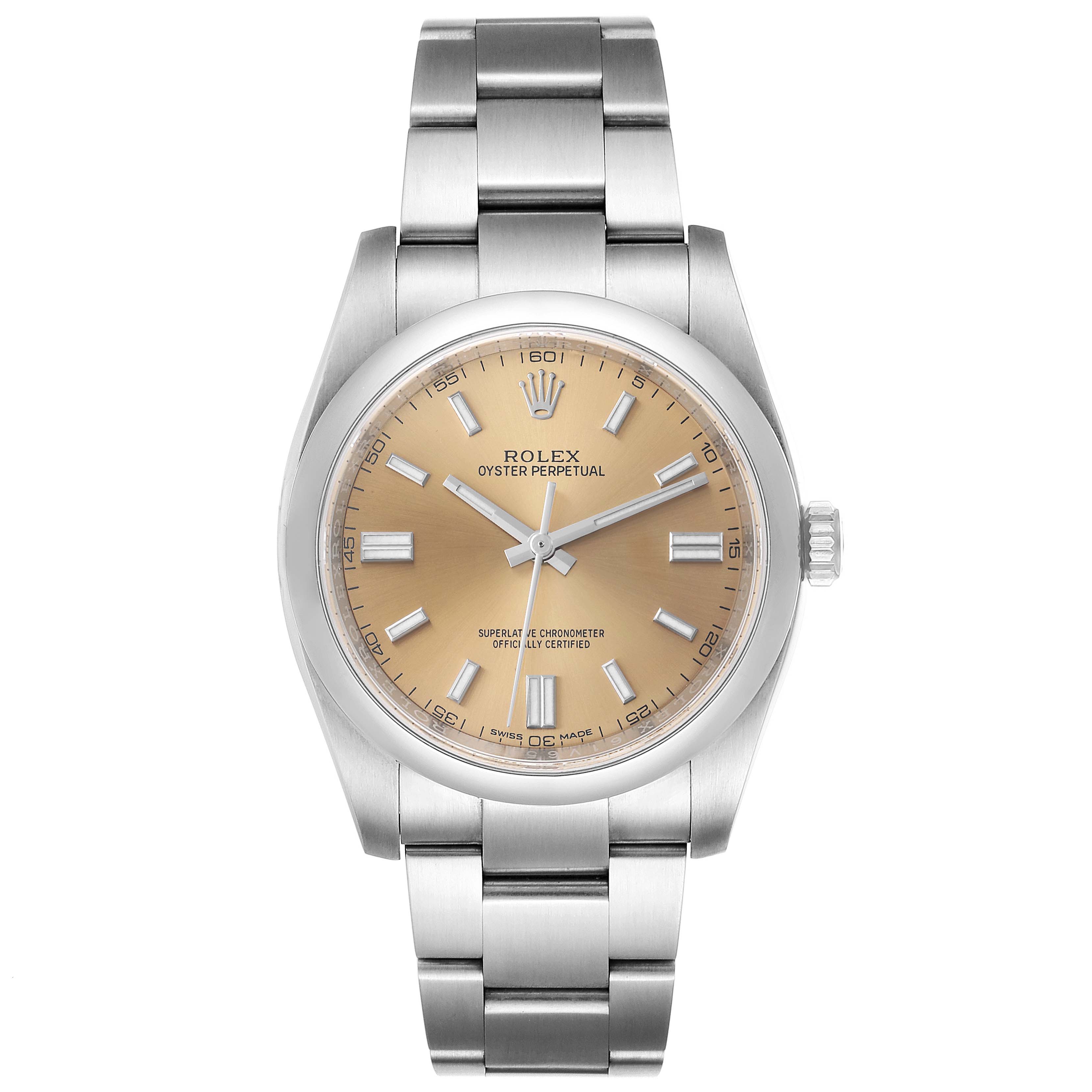 This image shows a front-angle view of a Rolex Oyster Perpetual 116000 Men's Stainless Steel Champagne Dial 116000 Men's Stainless Steel Champagne Dial watch with a champagne-colored dial and a stainless steel bracelet.