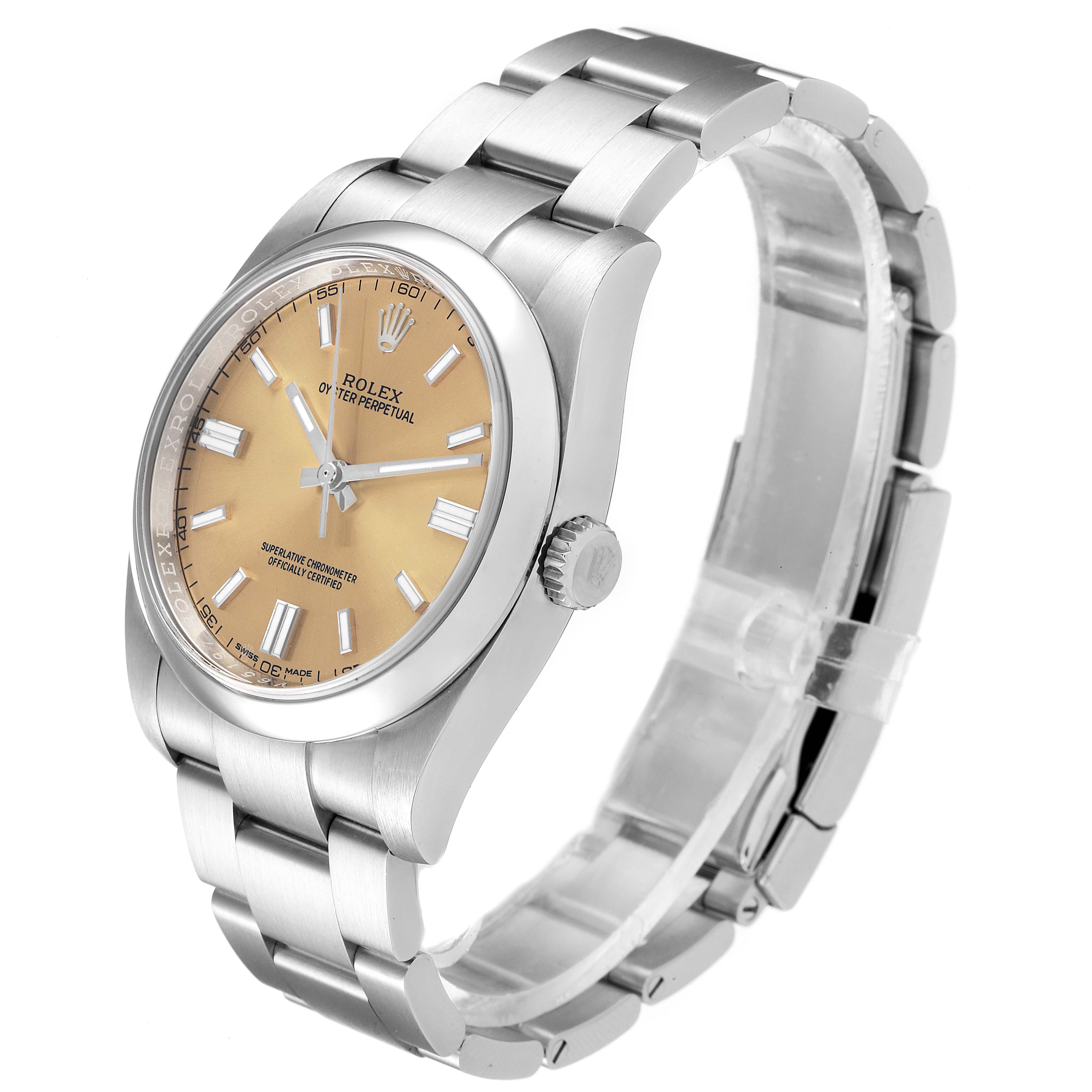 The image shows a side view of the Rolex Oyster Perpetual 116000 Men's Stainless Steel Champagne Dial 116000 Men's Stainless Steel Champagne Dial watch, highlighting the bracelet, crown, and face.