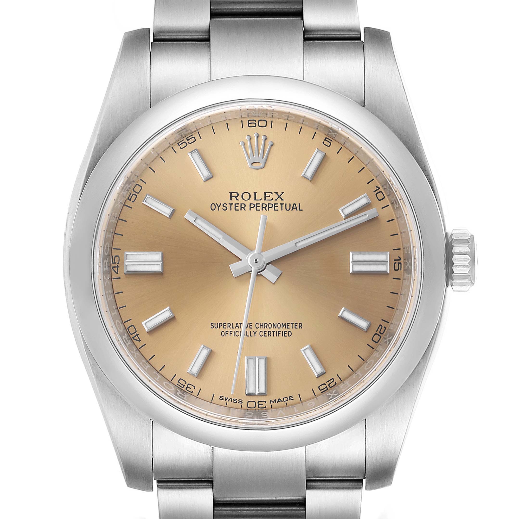 The image shows a front view of a Rolex Oyster Perpetual 116000 Men's Stainless Steel Champagne Dial 116000 Men's Stainless Steel Champagne Dial watch featuring a champagne dial and stainless steel bracelet.
