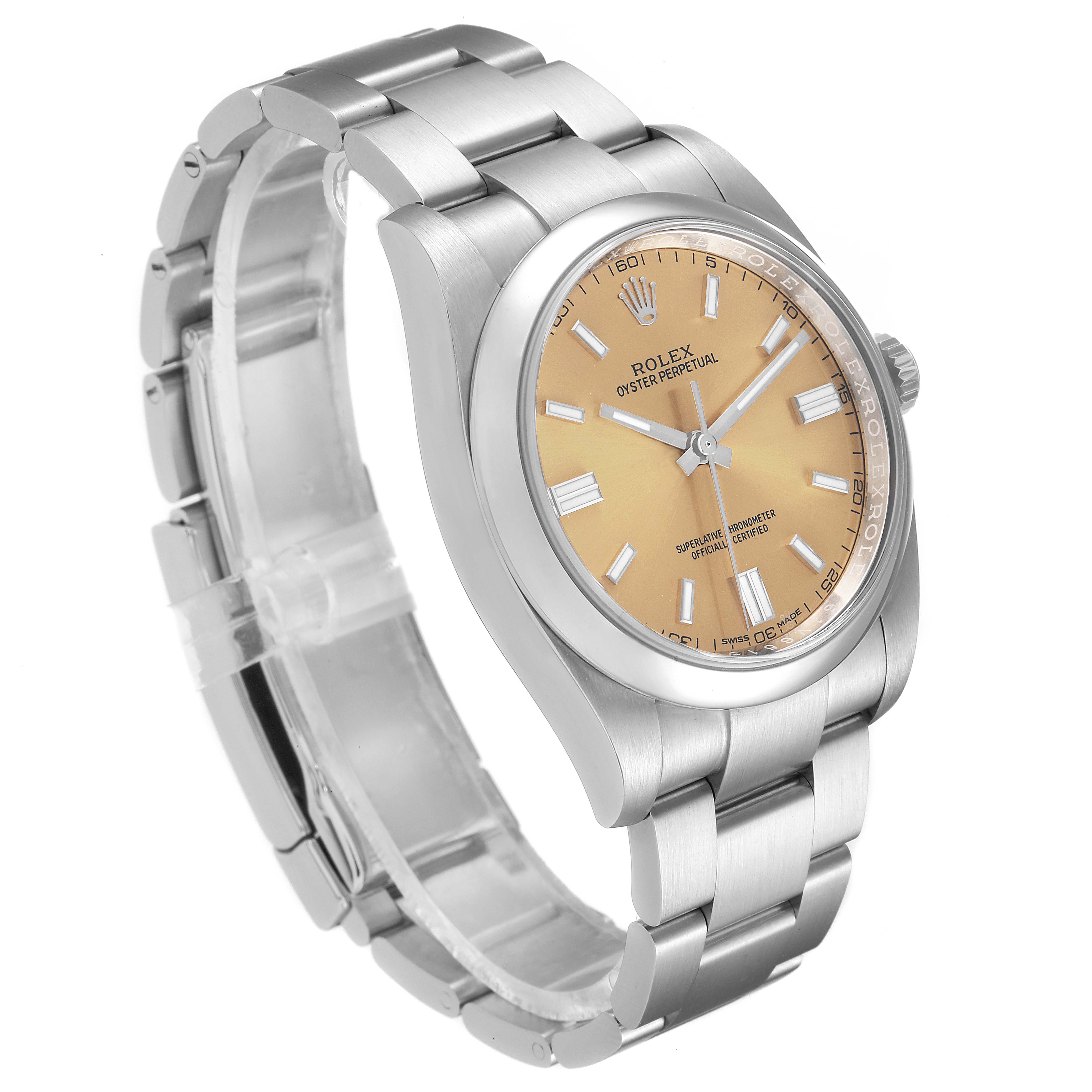 The image shows a Rolex Oyster Perpetual 116000 Men's Stainless Steel Champagne Dial 116000 Men's Stainless Steel Champagne Dial model watch at a three-quarter angle, highlighting its dial, bezel, and bracelet.