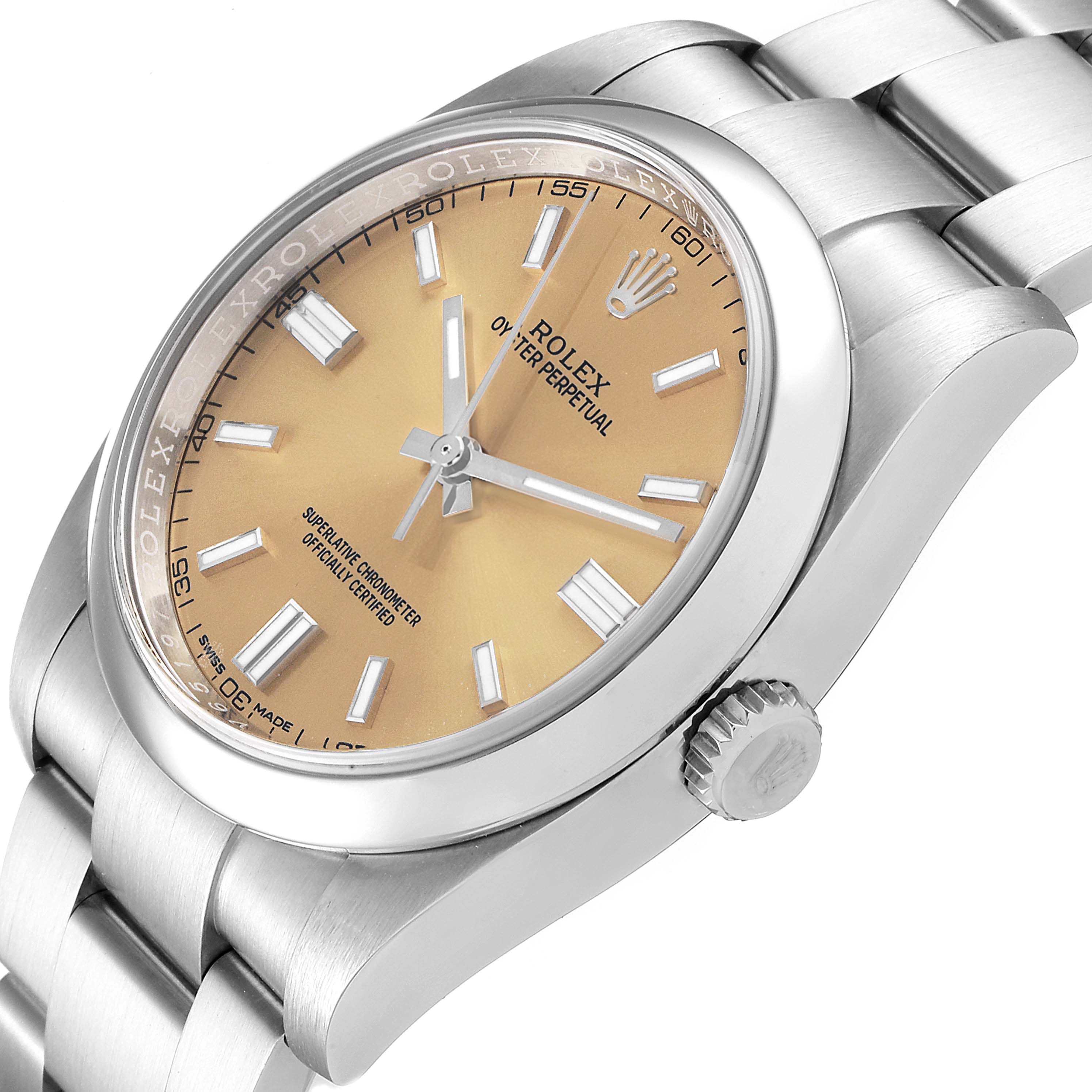 The image shows a side angle of the Rolex Oyster Perpetual 116000 Men's Stainless Steel Champagne Dial 116000 Men's Stainless Steel Champagne Dial watch, highlighting its dial, bezel, crown, and bracelet.