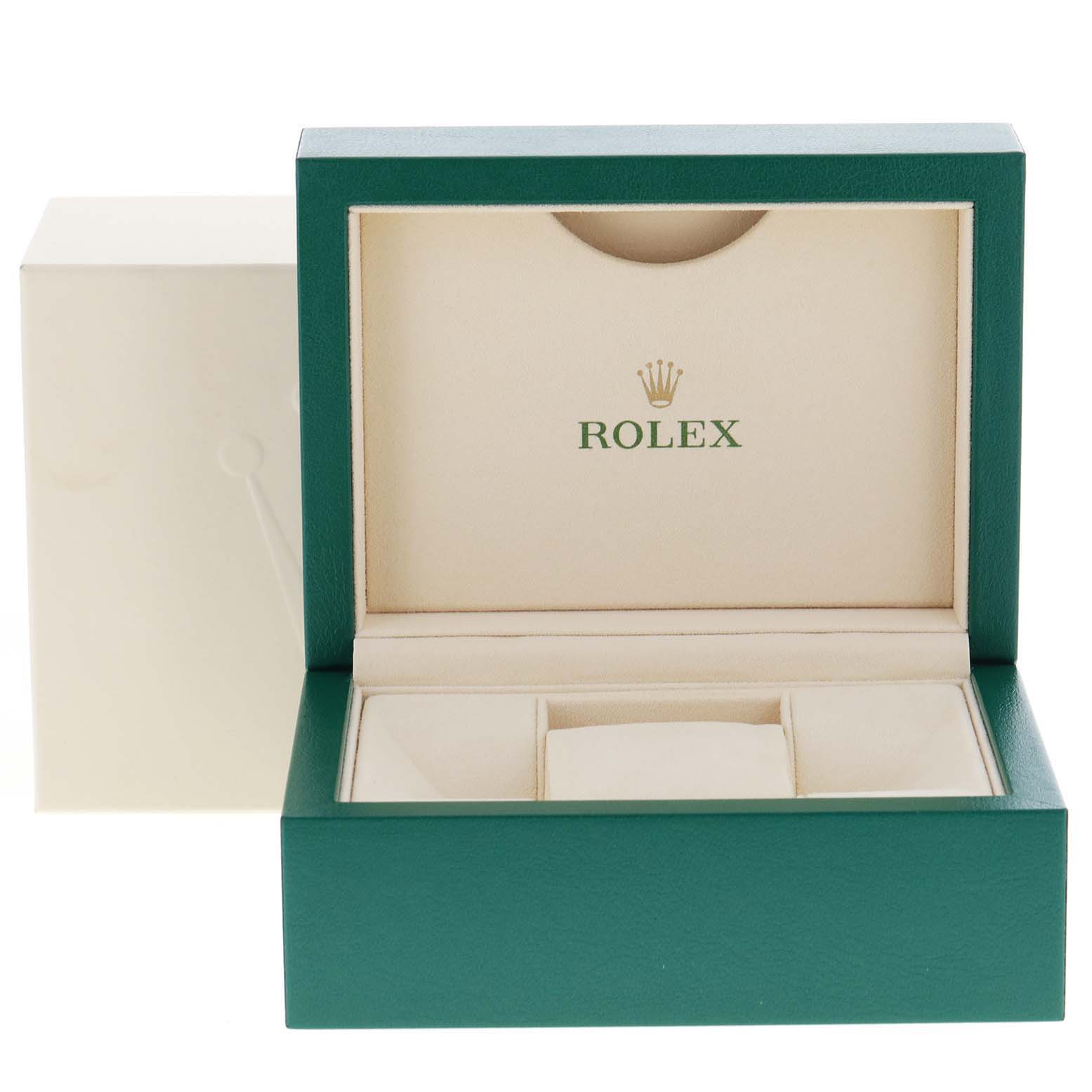 This is the open watch box for a Rolex Oyster Perpetual 116000 Men's Stainless Steel Blue Dial 116000 Men's Stainless Steel Blue Dial, showing the inner compartments with no watch inside.