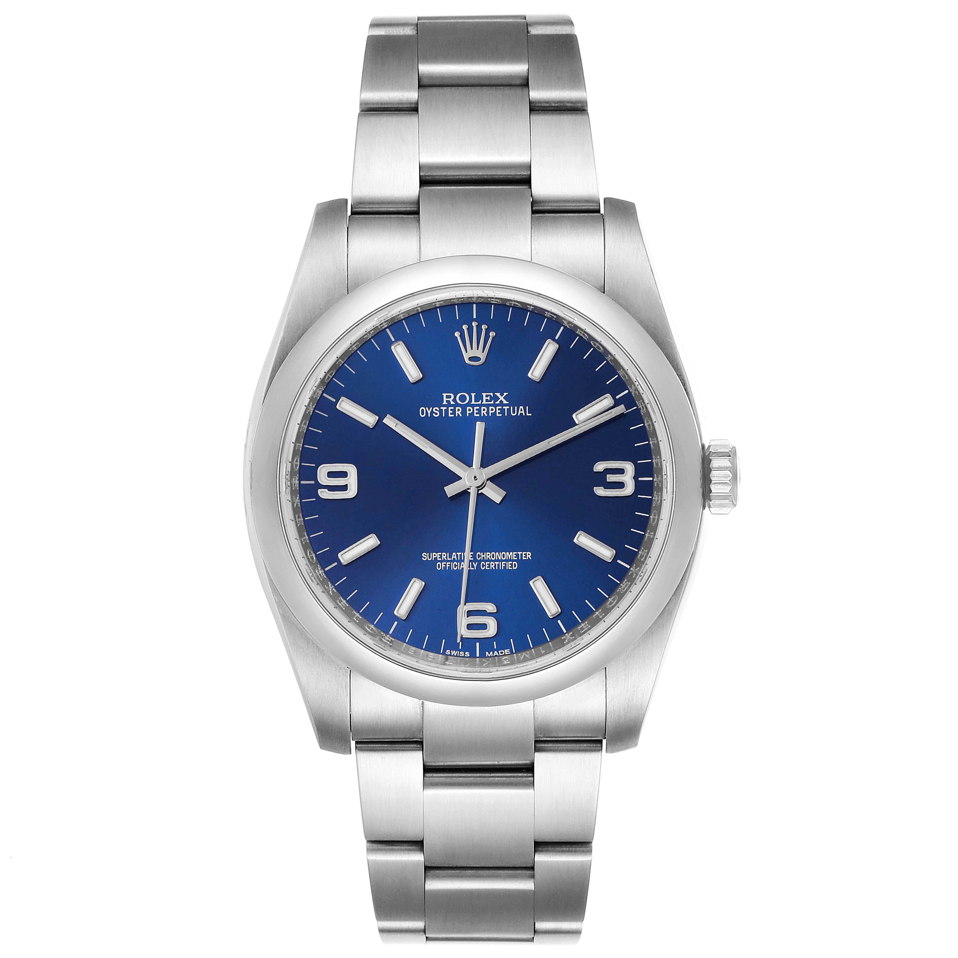 This image shows a front view of the Rolex Oyster Perpetual 116000 Men's Stainless Steel Blue Dial 116000 Men's Stainless Steel Blue Dial watch with a blue dial and stainless steel bracelet.