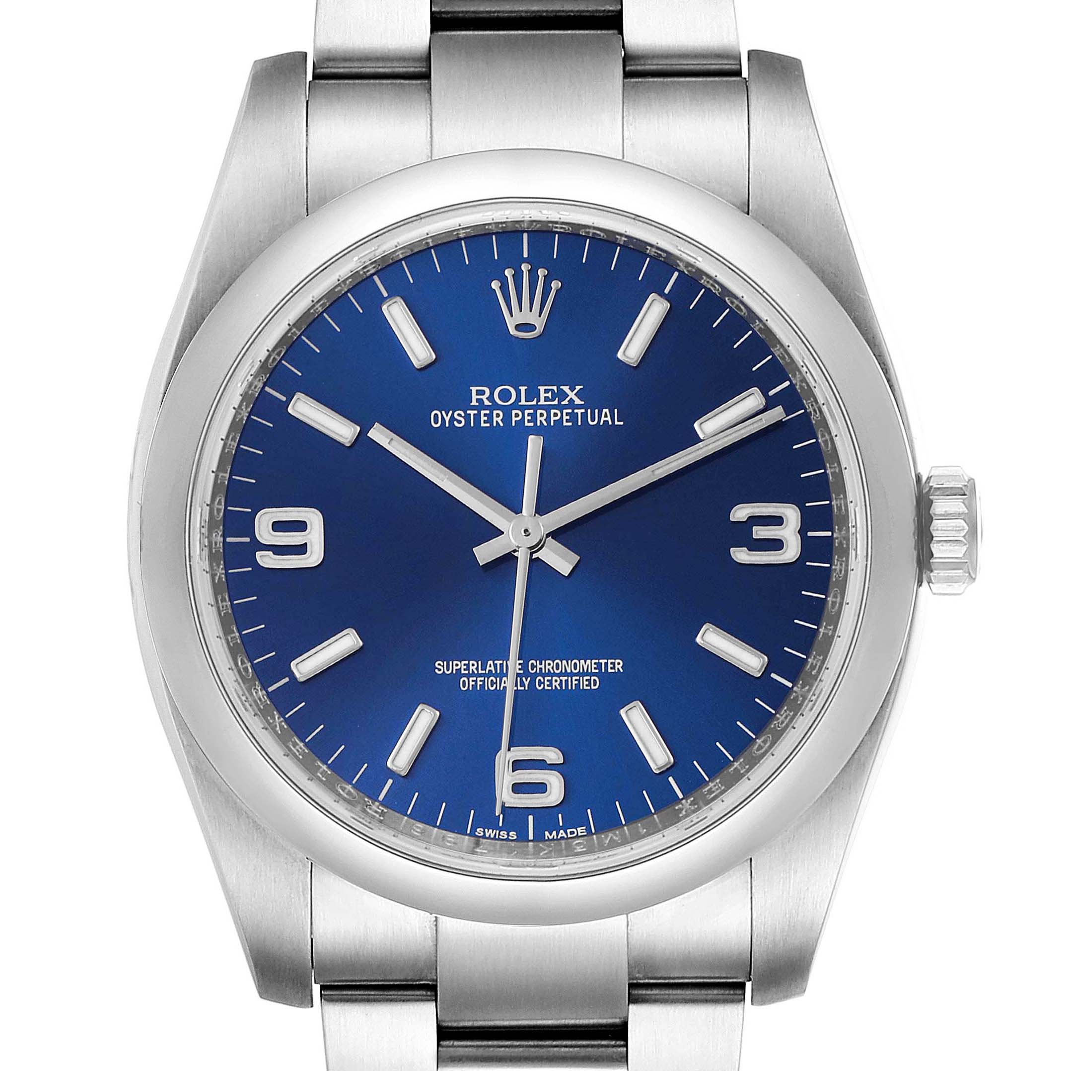 This image shows a front view of a Rolex Oyster Perpetual 116000 Men's Stainless Steel Blue Dial 116000 Men's Stainless Steel Blue Dial watch featuring a blue dial and stainless steel bracelet.