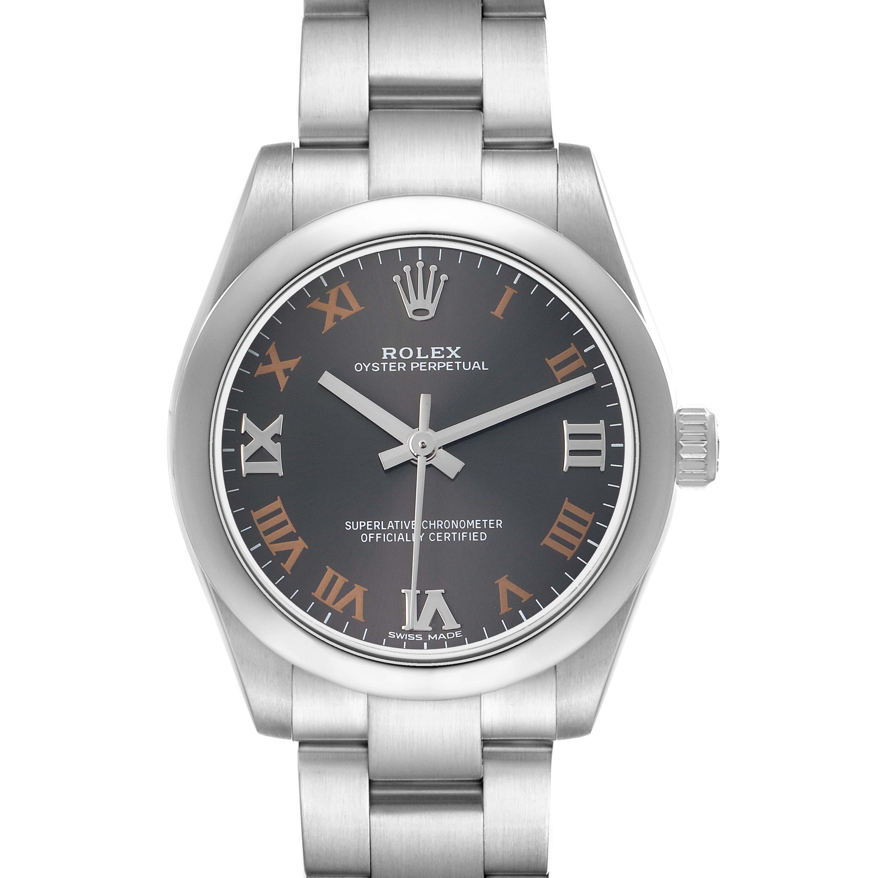 The Rolex Oyster Perpetual Mid-Size watch is shown from the front, highlighting its dial, case, and bracelet.