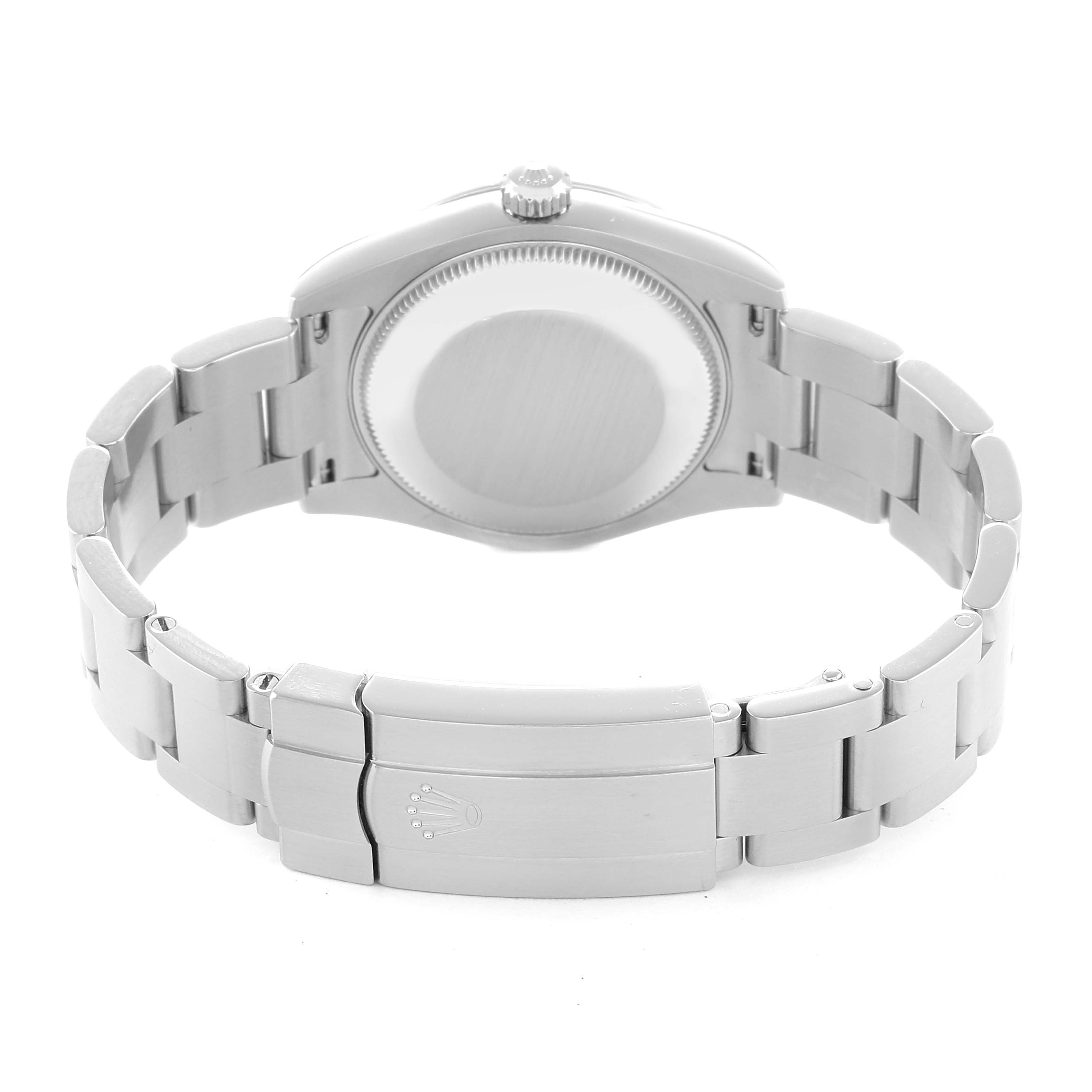 The image shows the back and clasp of a Rolex Mid-Size 177200 Women
s Stainless Steel Grey Dial watch, highlighting its bracelet and case back.