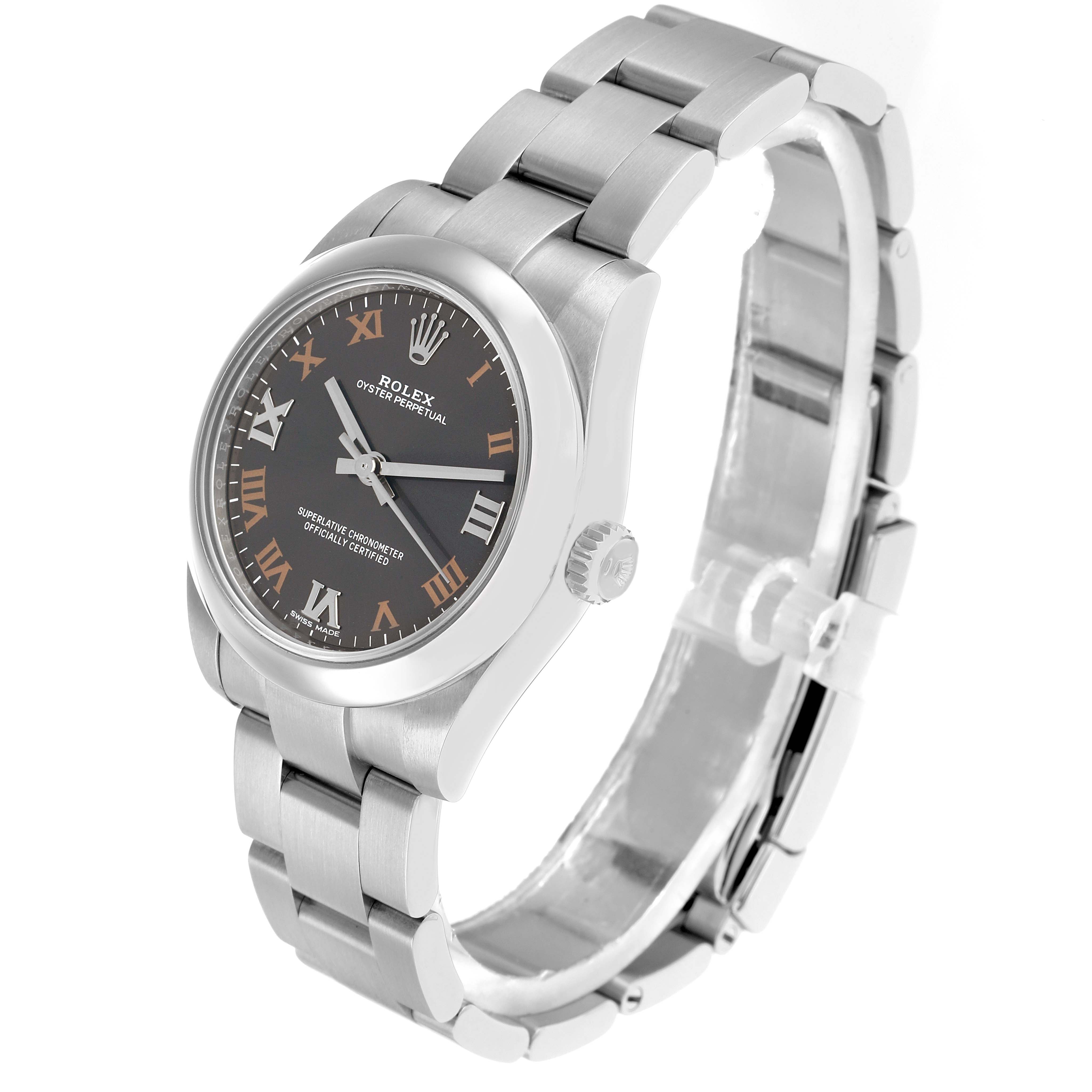 The Rolex Mid-Size 177200 Women
s Stainless Steel Grey Dial model is shown at an angled top view, displaying the bracelet, case, crown, and dial with roman numerals.