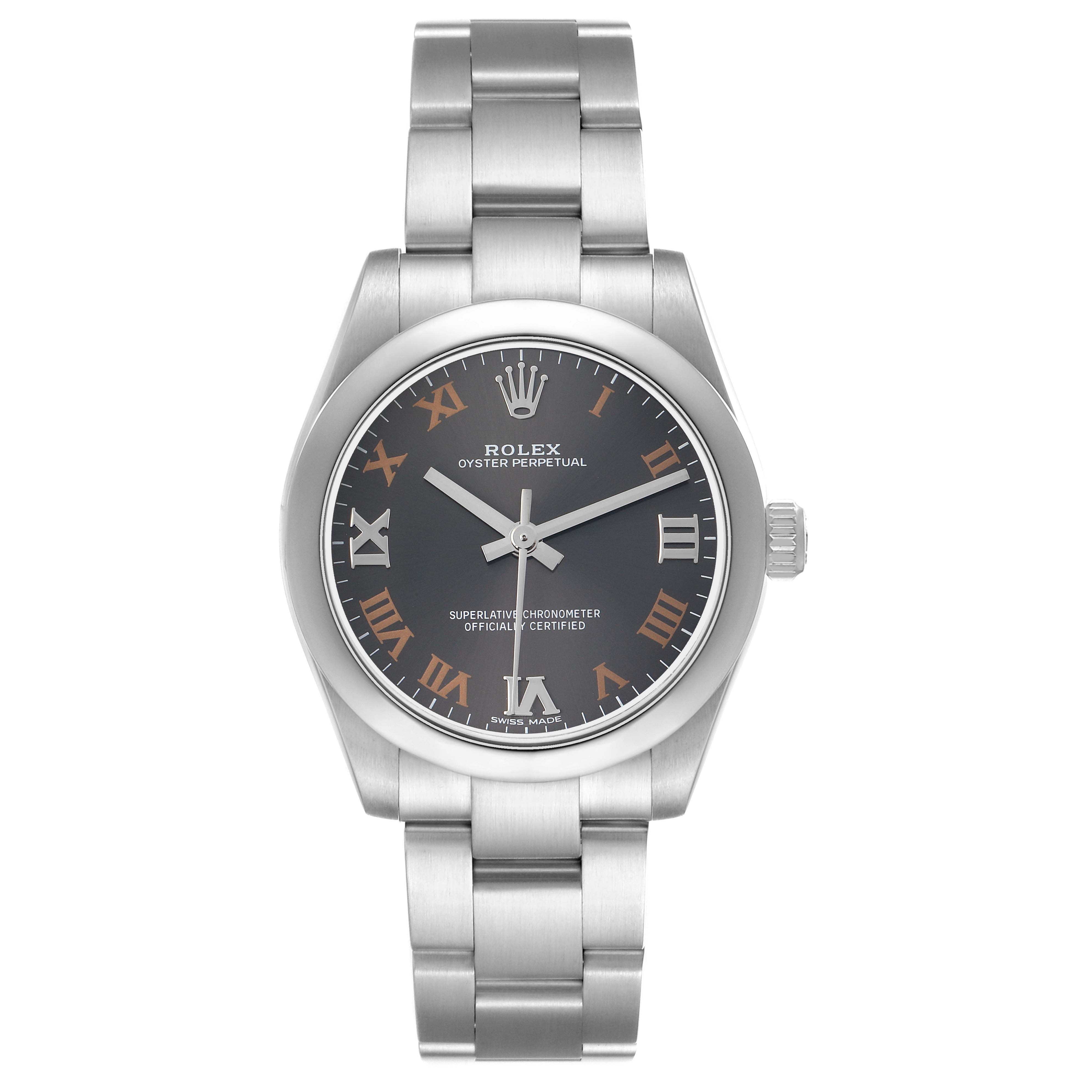 The image shows a front view of the Rolex Oyster Perpetual Mid-Size watch, highlighting the dial, bracelet, and crown.