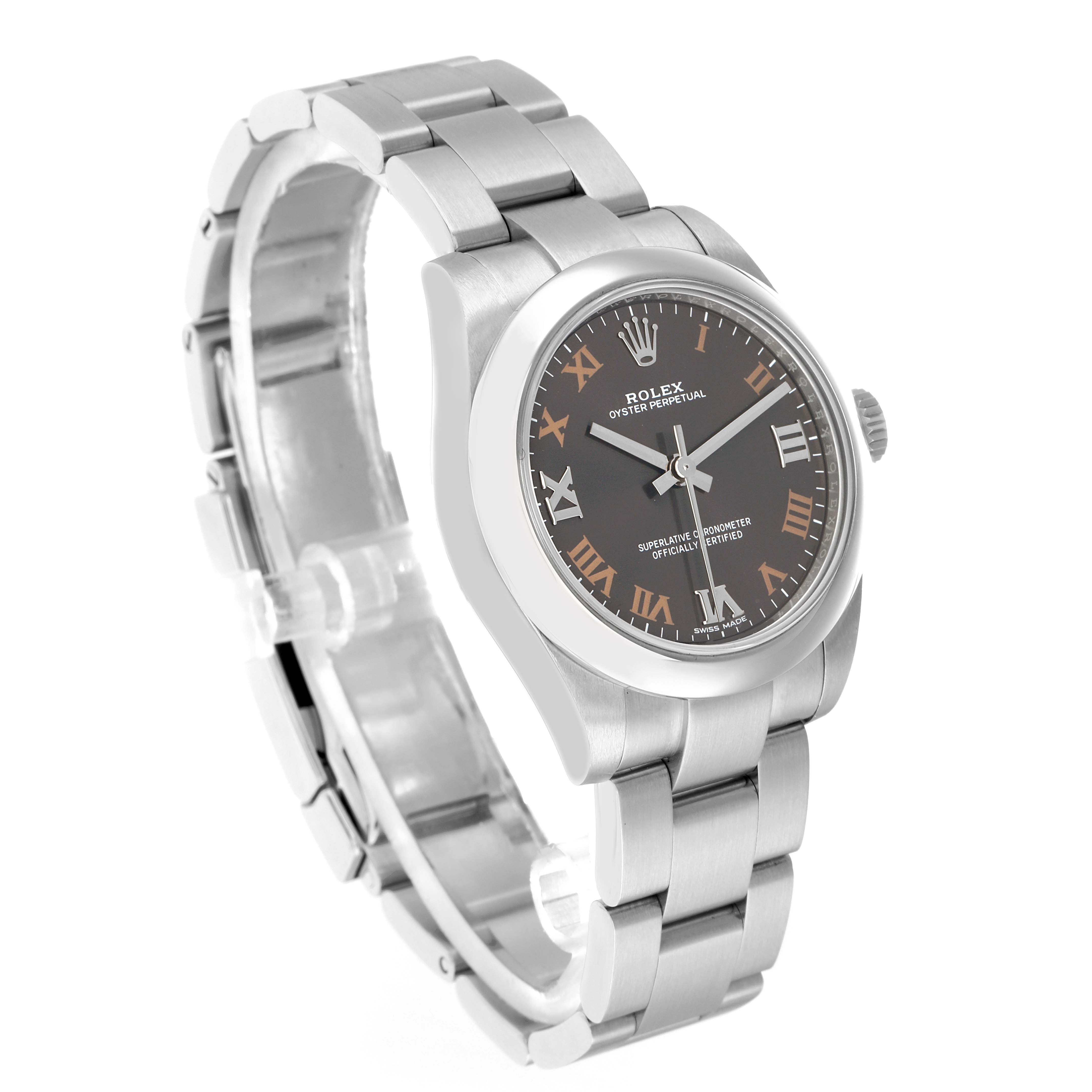 The Rolex Mid-Size 177200 Women
s Stainless Steel Grey Dial watch is shown at a slight angle, displaying the face, bezel, and metal bracelet.