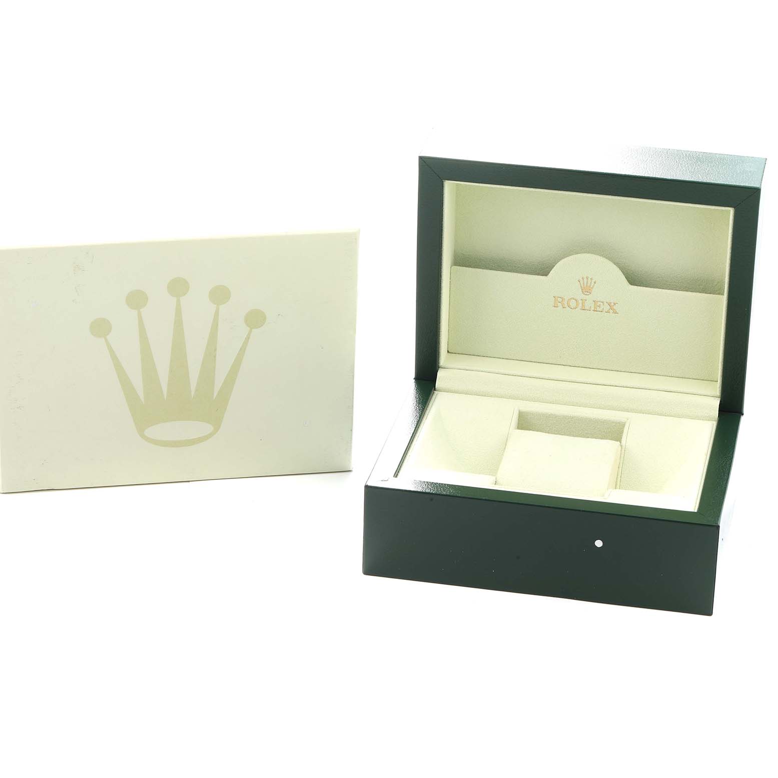 The image shows a Rolex Mid-Size 177200 Women
s Stainless Steel Grey Dial model watch box, open to display its interior with a nearby card featuring the Rolex logo.