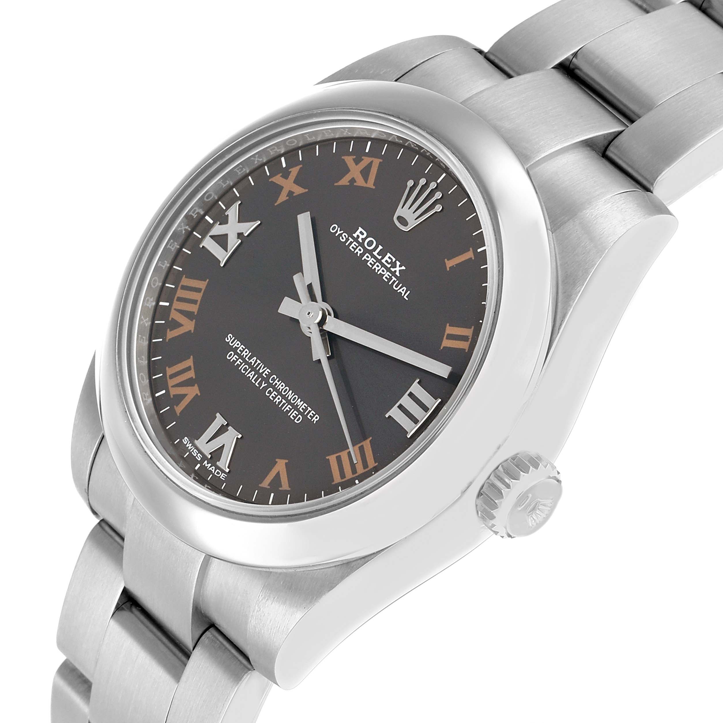 The Rolex Mid-Size 177200 Women
s Stainless Steel Grey Dial watch is shown from a three-quarter angle, highlighting the face, bezel, crown, and part of the bracelet.