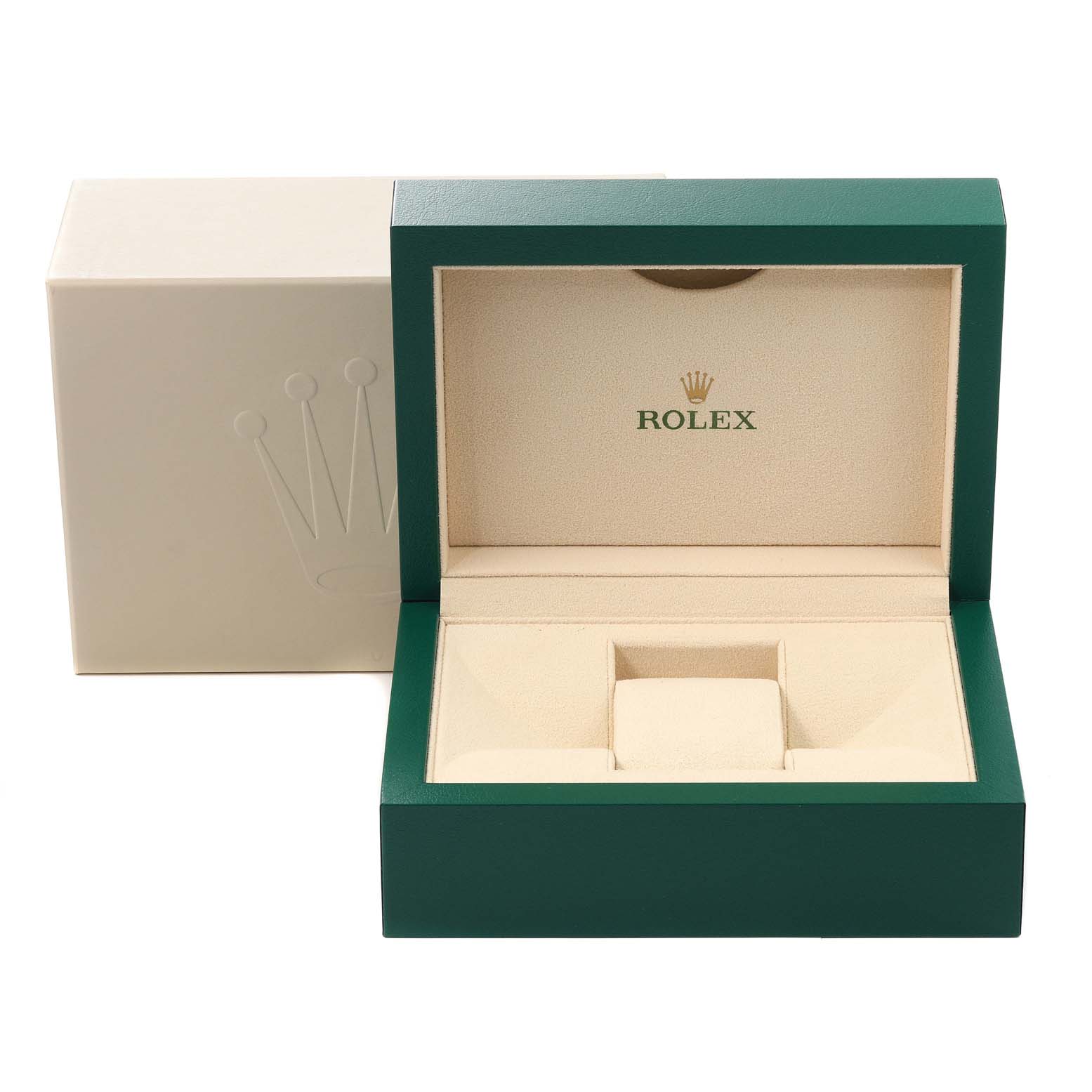 This image shows the open box for a Rolex Oyster Perpetual 114300 Men's Stainless Steel Burgundy Dial 114300 Men's Stainless Steel Burgundy Dial watch, with the inner and outer boxes visible.