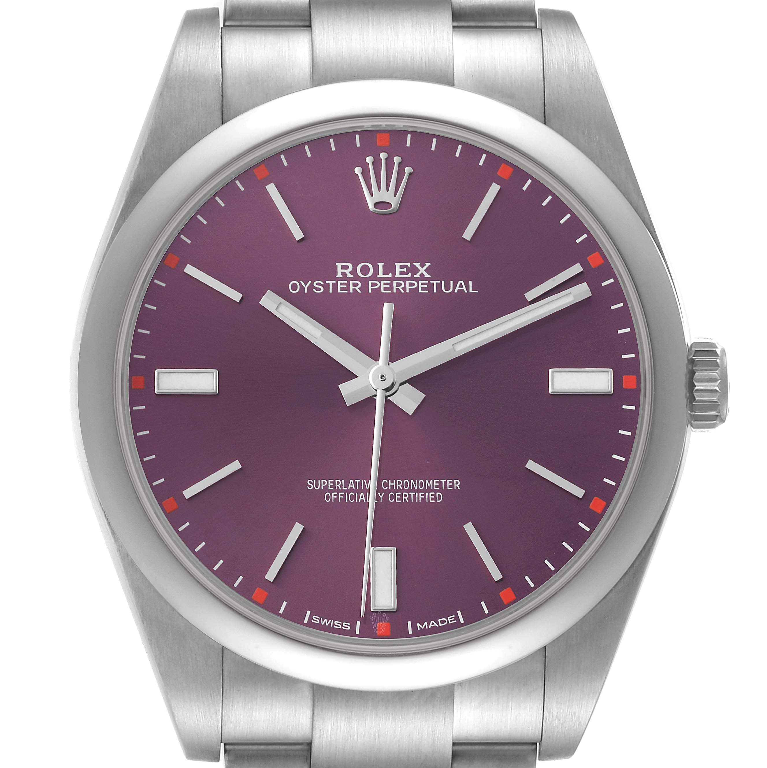 This image shows a front view of the Rolex Oyster Perpetual 114300 Men's Stainless Steel Burgundy Dial 114300 Men's Stainless Steel Burgundy Dial watch with a purple dial and silver markers.