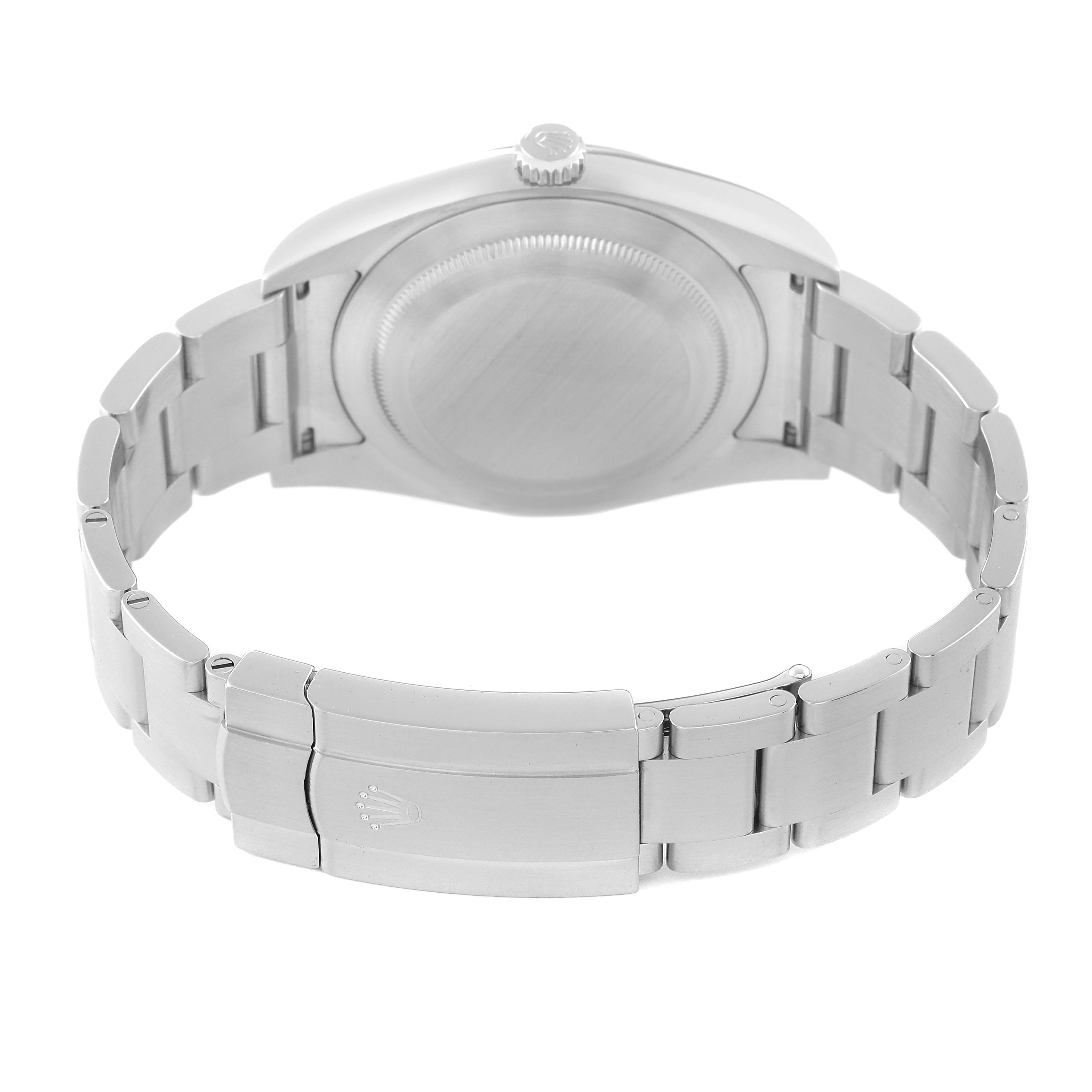 The image shows the back case and bracelet of a Rolex Oyster Perpetual 114300 Men's Stainless Steel Burgundy Dial 114300 Men's Stainless Steel Burgundy Dial watch from a rear angle.