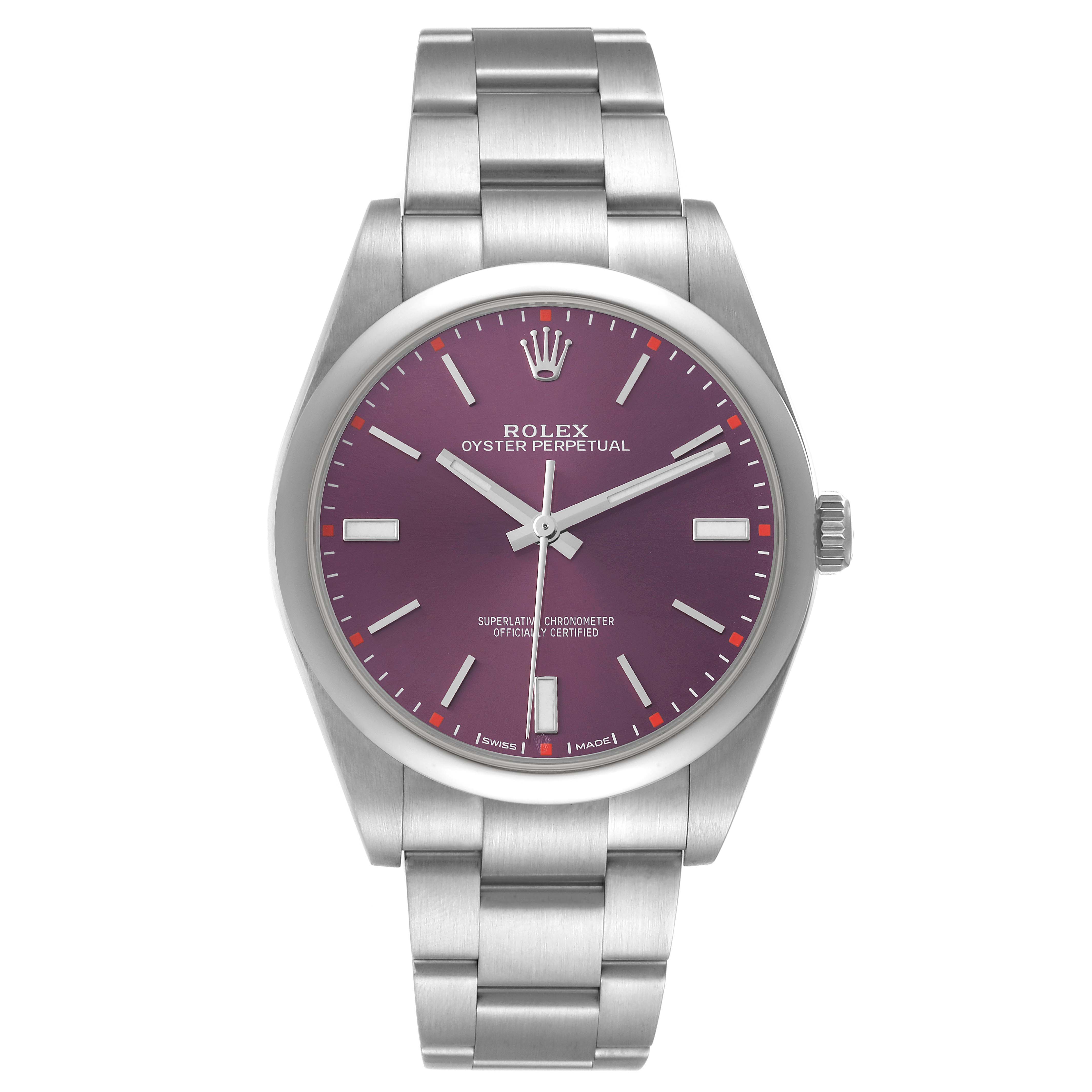 This image shows a front view of a Rolex Oyster Perpetual 114300 Men's Stainless Steel Burgundy Dial 114300 Men's Stainless Steel Burgundy Dial watch, displaying its purple dial and metal bracelet.