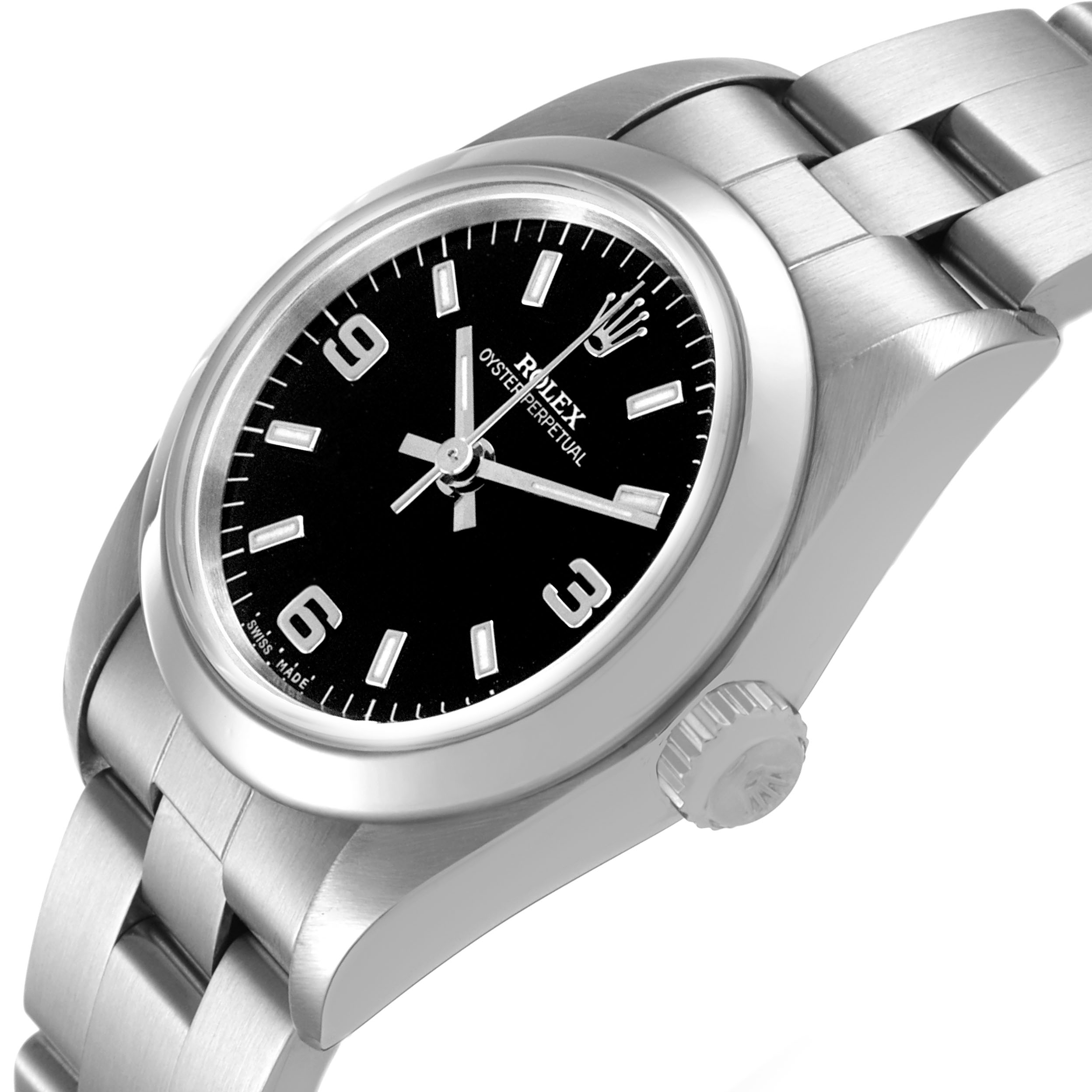 The Rolex Oyster Perpetual 76080 Women's Stainless Steel Black Dial watch is shown at a three-quarter angle, highlighting the dial, bezel, crown, and bracelet.