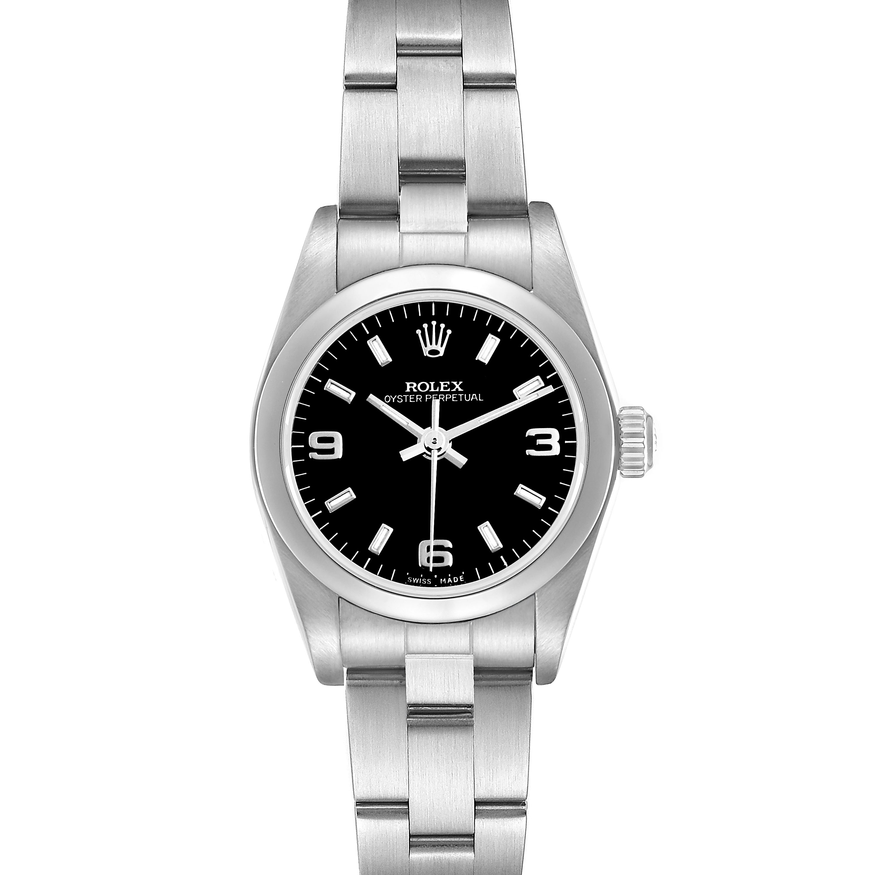 The Rolex Oyster Perpetual 76080 Women's Stainless Steel Black Dial watch is shown from a front angle, highlighting the face, bezel, and part of the bracelet.