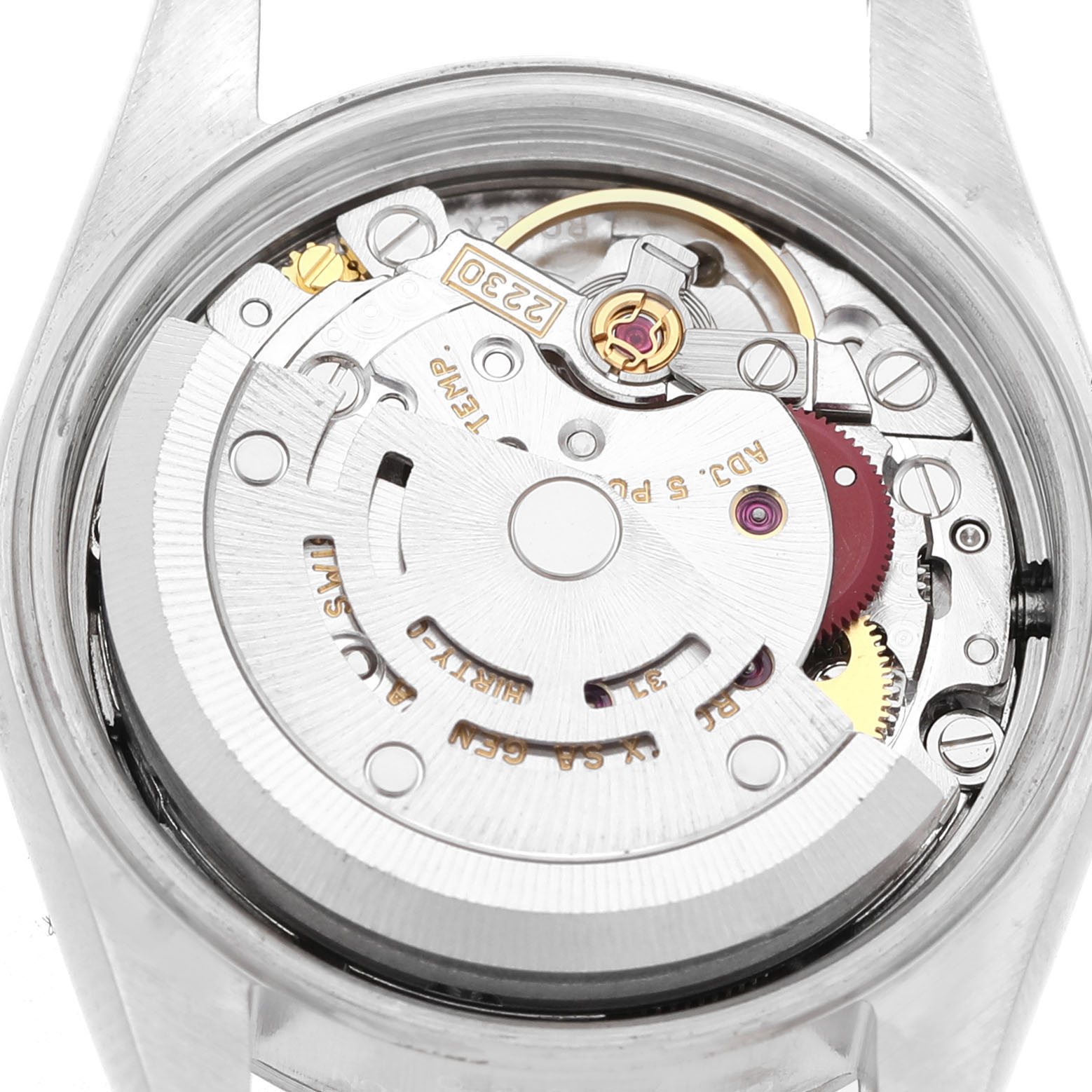 The image shows the movement of a Rolex Oyster Perpetual 76080 Women's Stainless Steel Black Dial watch from the back, highlighting its intricate mechanics.