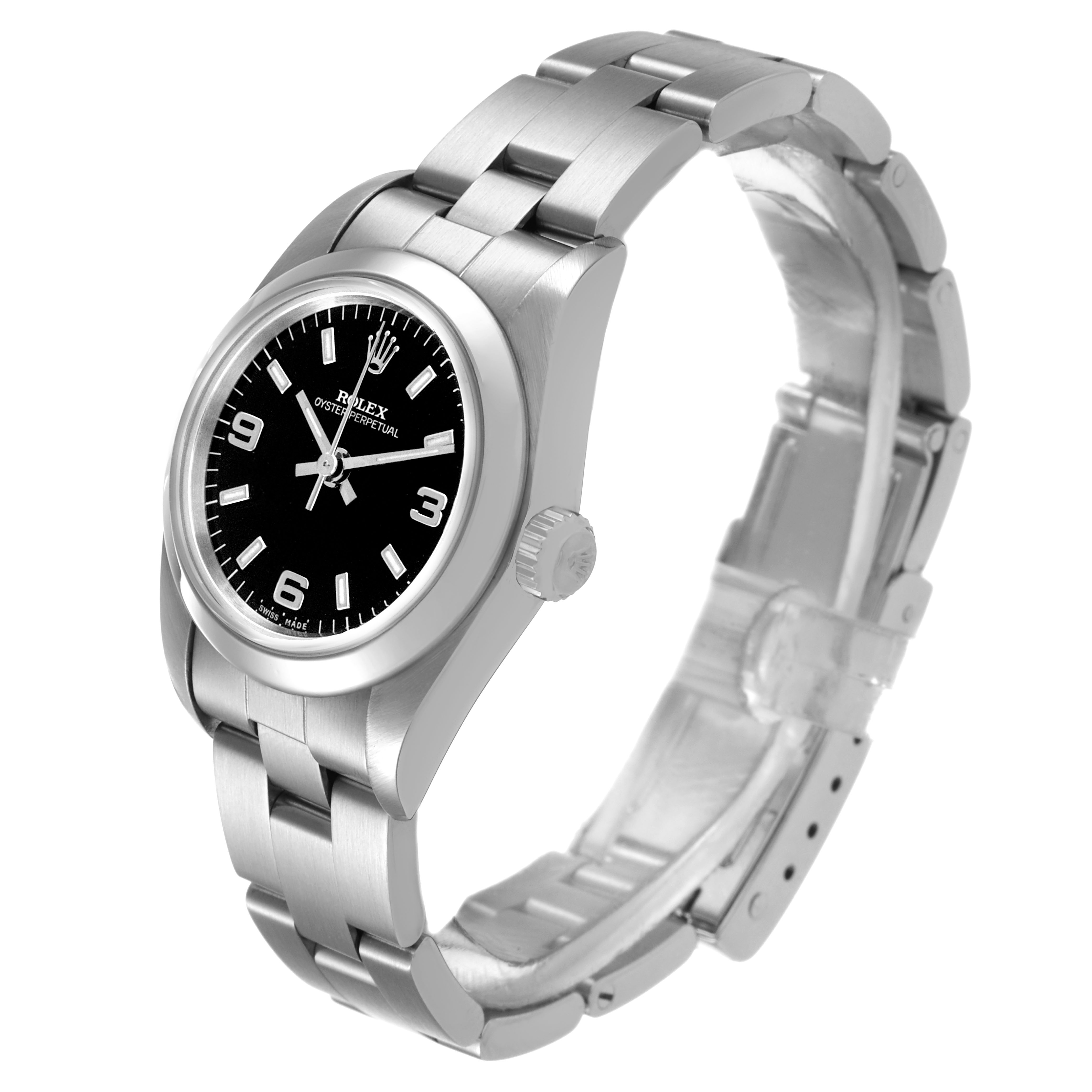 The Rolex Oyster Perpetual 76080 Women's Stainless Steel Black Dial watch is shown at an angle highlighting the face, crown, and partially open bracelet.