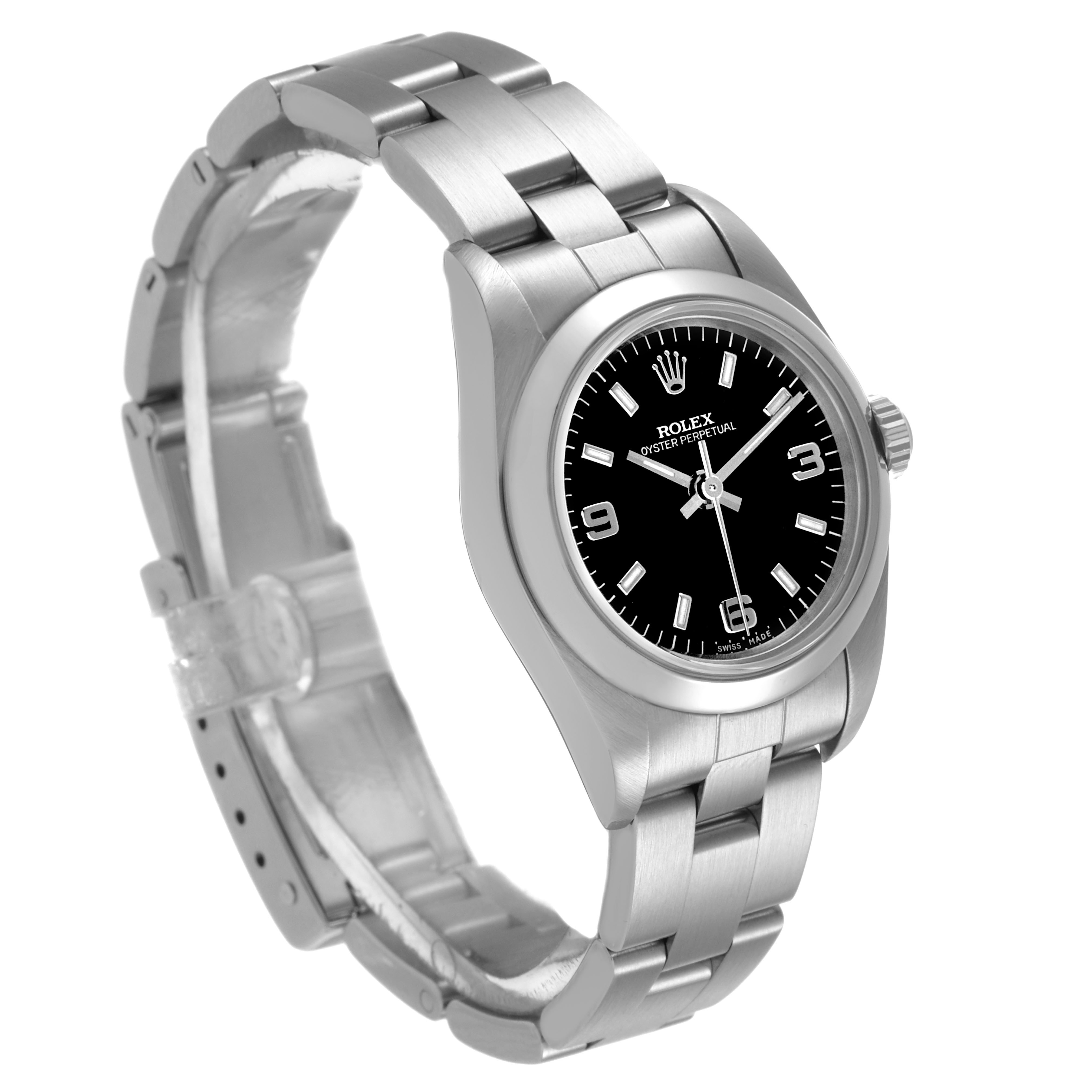 The Rolex Oyster Perpetual 76080 Women's Stainless Steel Black Dial watch is shown at a three-quarter angle, highlighting the face, bezel, and bracelet.