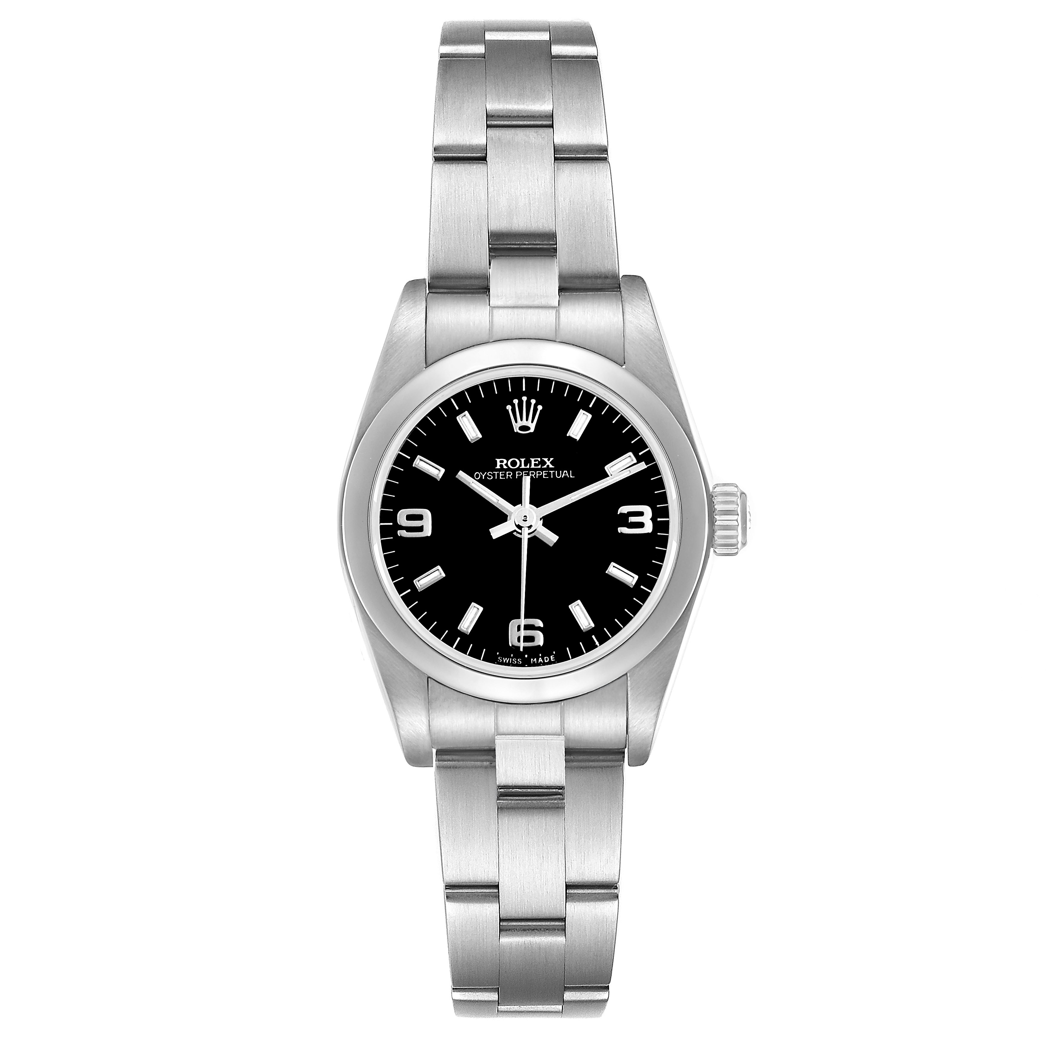 The Rolex Oyster Perpetual 76080 Women's Stainless Steel Black Dial watch is shown from the front, displaying the face, bezel, bracelet, and crown.