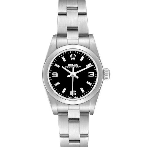 The Rolex Oyster Perpetual 76080 Women's Stainless Steel Black Dial watch is shown from a front angle, highlighting the black dial, silver bracelet, and crown.