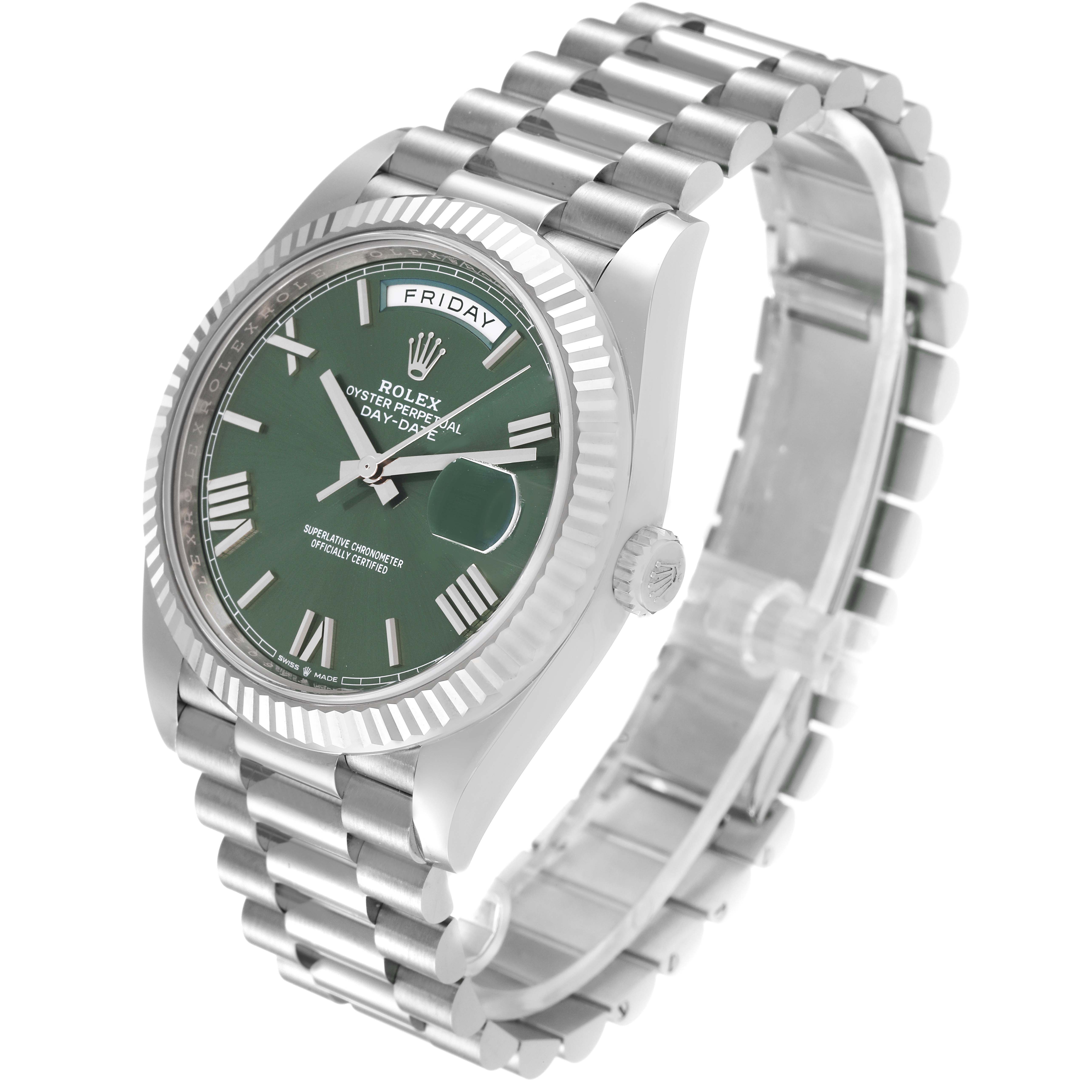 The image shows a close-up, angled view of the Rolex President 228239 Men's White Gold Green Dial 228239 Men's White Gold Green Dial model, displaying the face, bezel, bracelet, and crown.