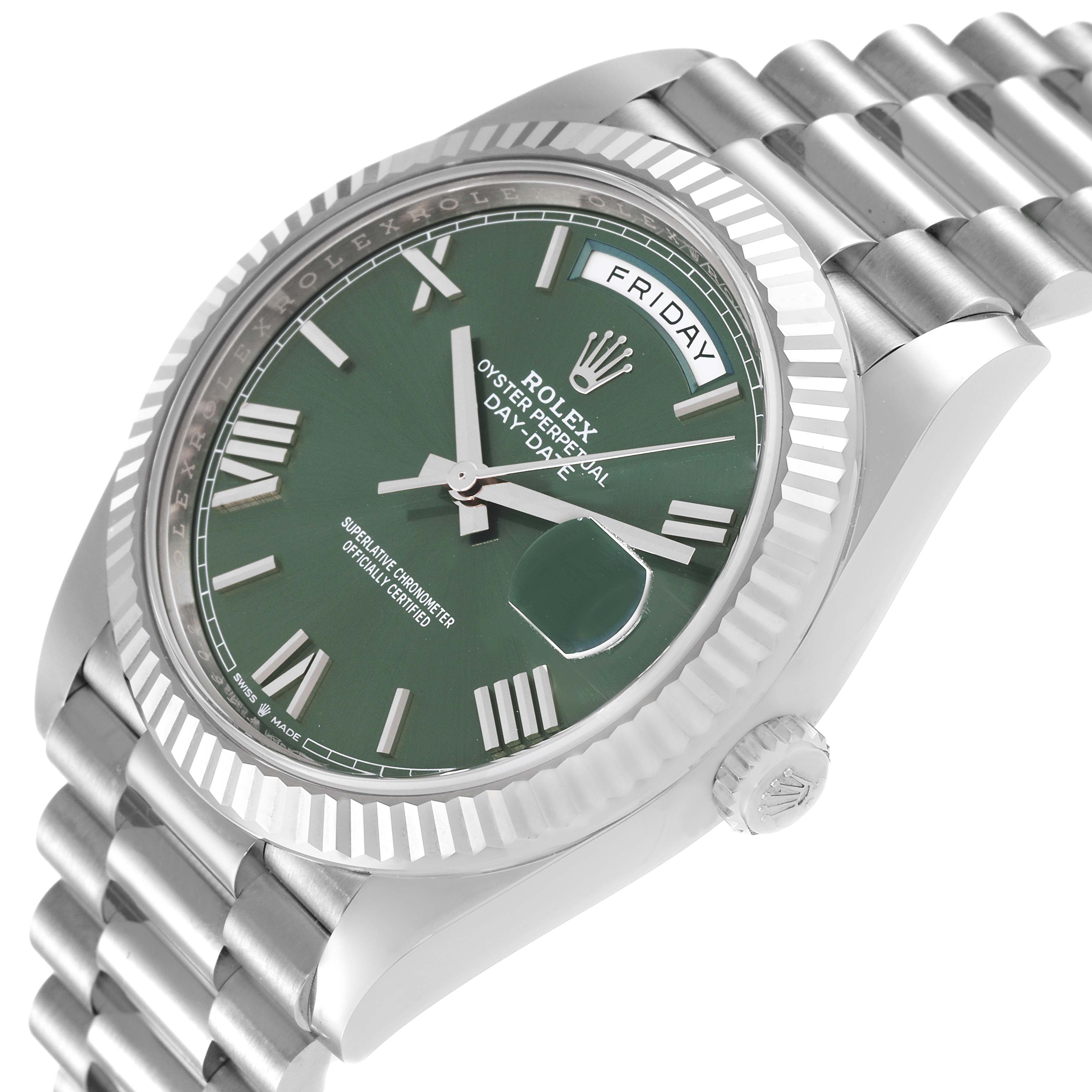 The image shows the face, bezel, and part of the band of a Rolex President 228239 Men's White Gold Green Dial 228239 Men's White Gold Green Dial model watch from an angled view.