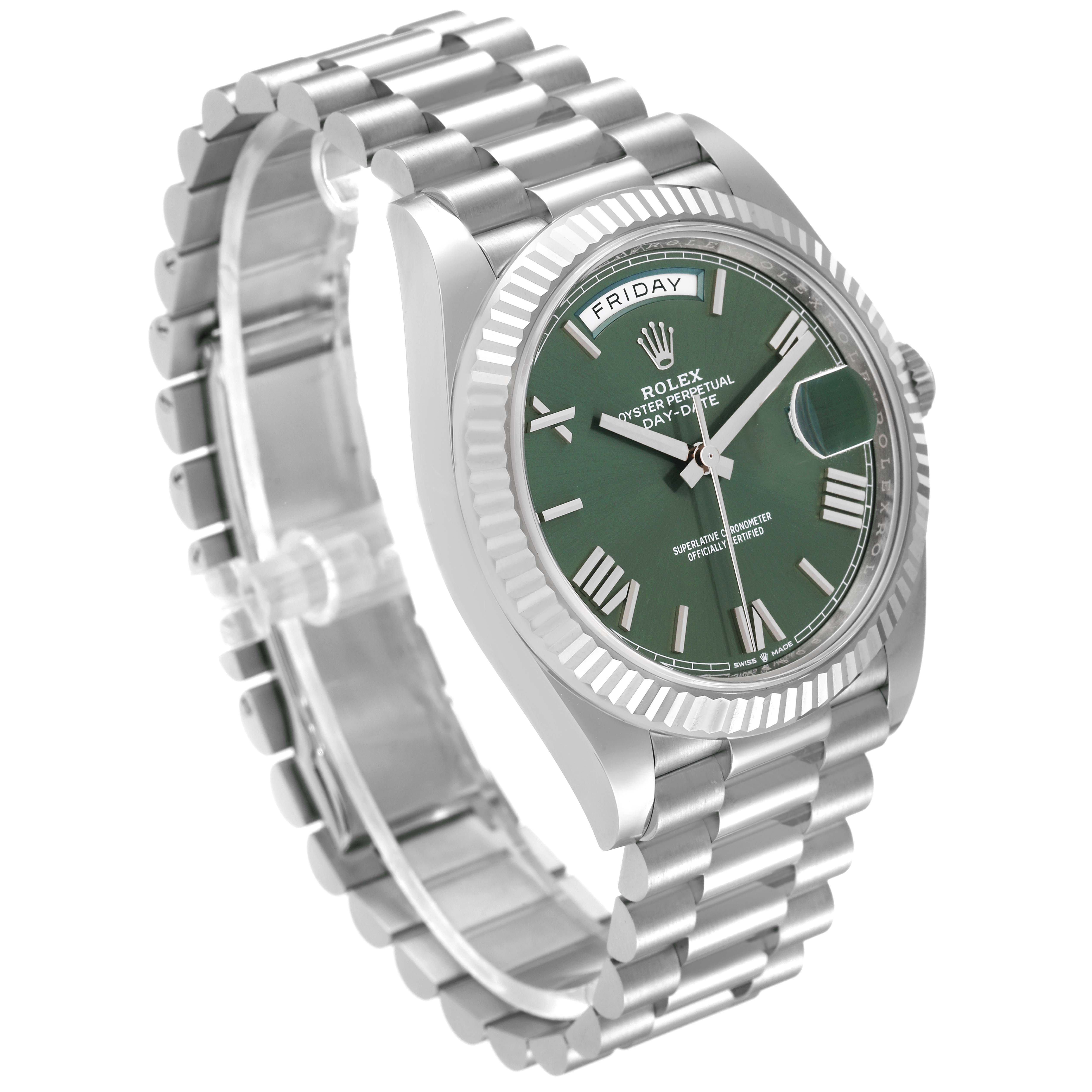 The image shows a side view of a Rolex President 228239 Men's White Gold Green Dial 228239 Men's White Gold Green Dial model watch, highlighting its green dial, fluted bezel, and linked bracelet.