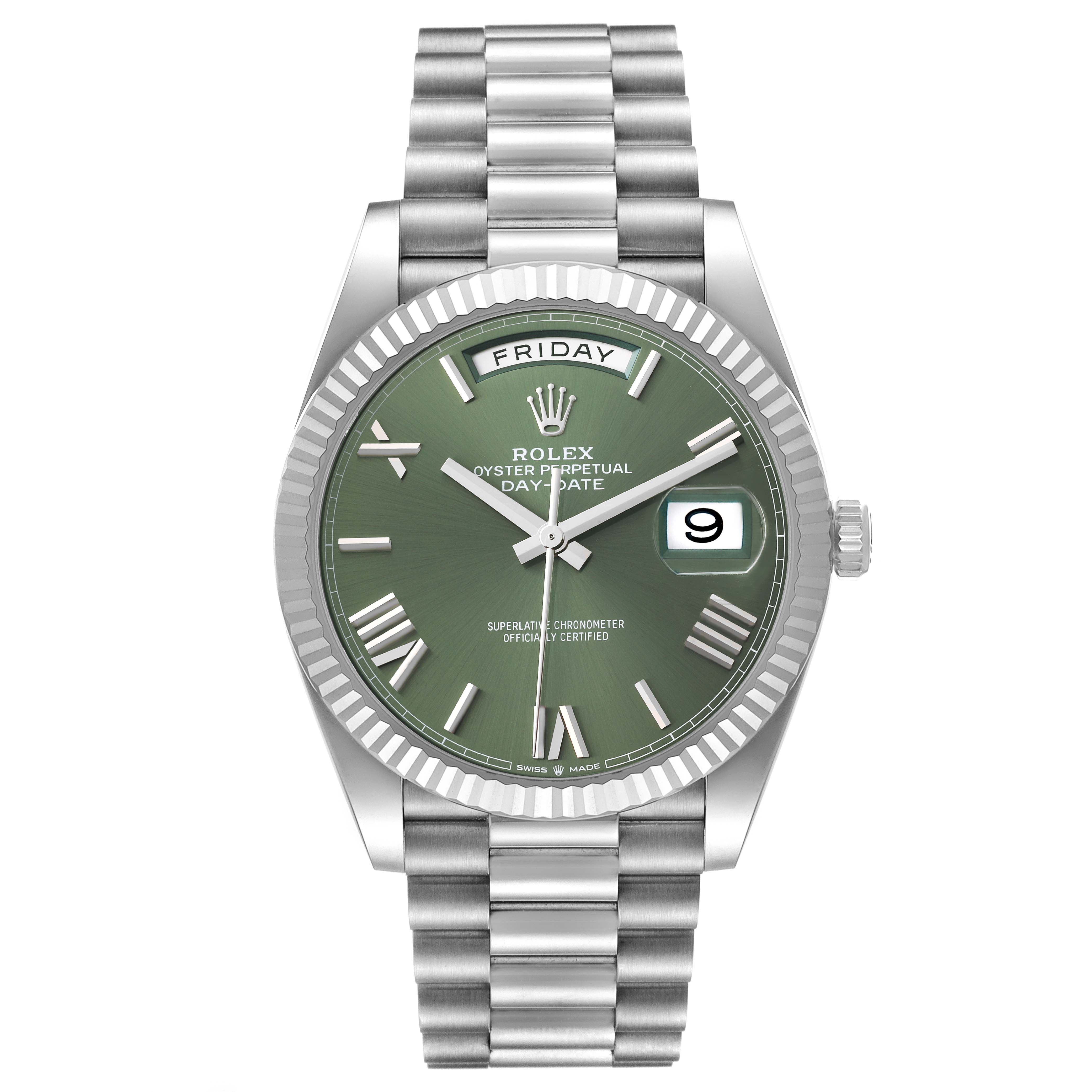 This image shows a Rolex President 228239 Men's White Gold Green Dial 228239 Men's White Gold Green Dial model watch from a straight-on angle, highlighting the dial, bezel, bracelet, and day-date display.