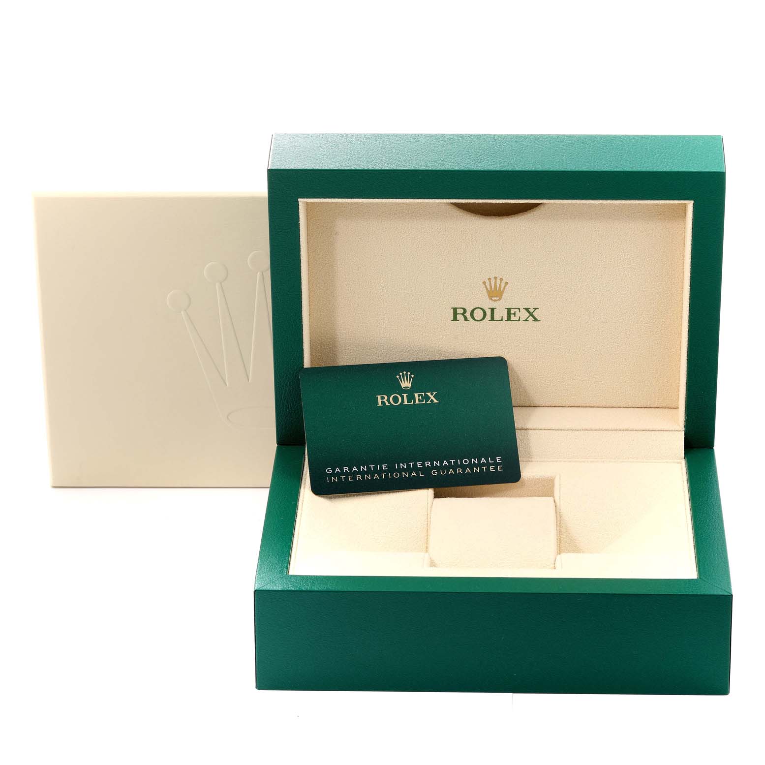The image shows the open presentation box and the international guarantee card for the Rolex President 228239 Men's White Gold Green Dial 228239 Men's White Gold Green Dial model watch.