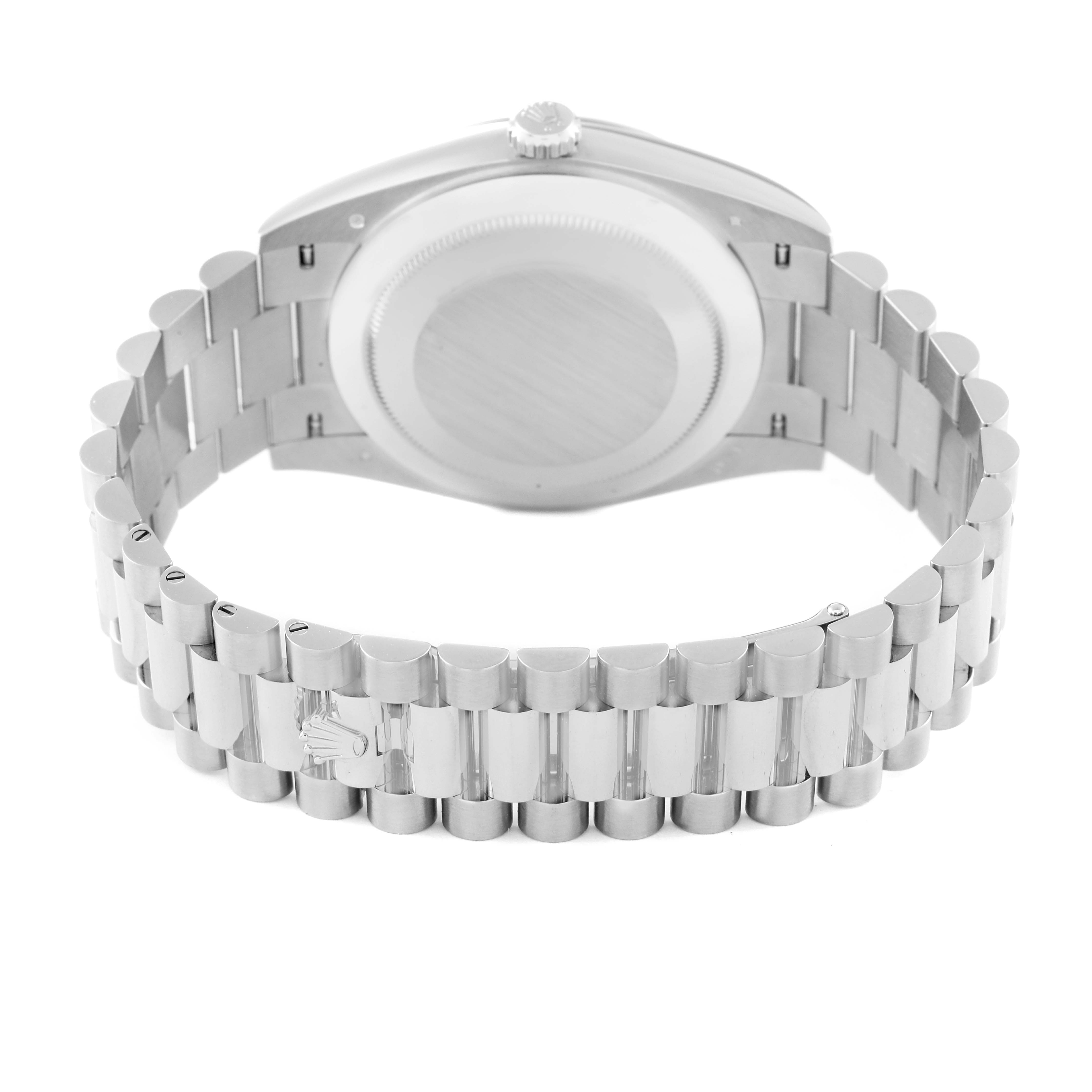 The image shows the back case and bracelet of a Rolex President 228239 Men's White Gold Green Dial 228239 Men's White Gold Green Dial model watch.