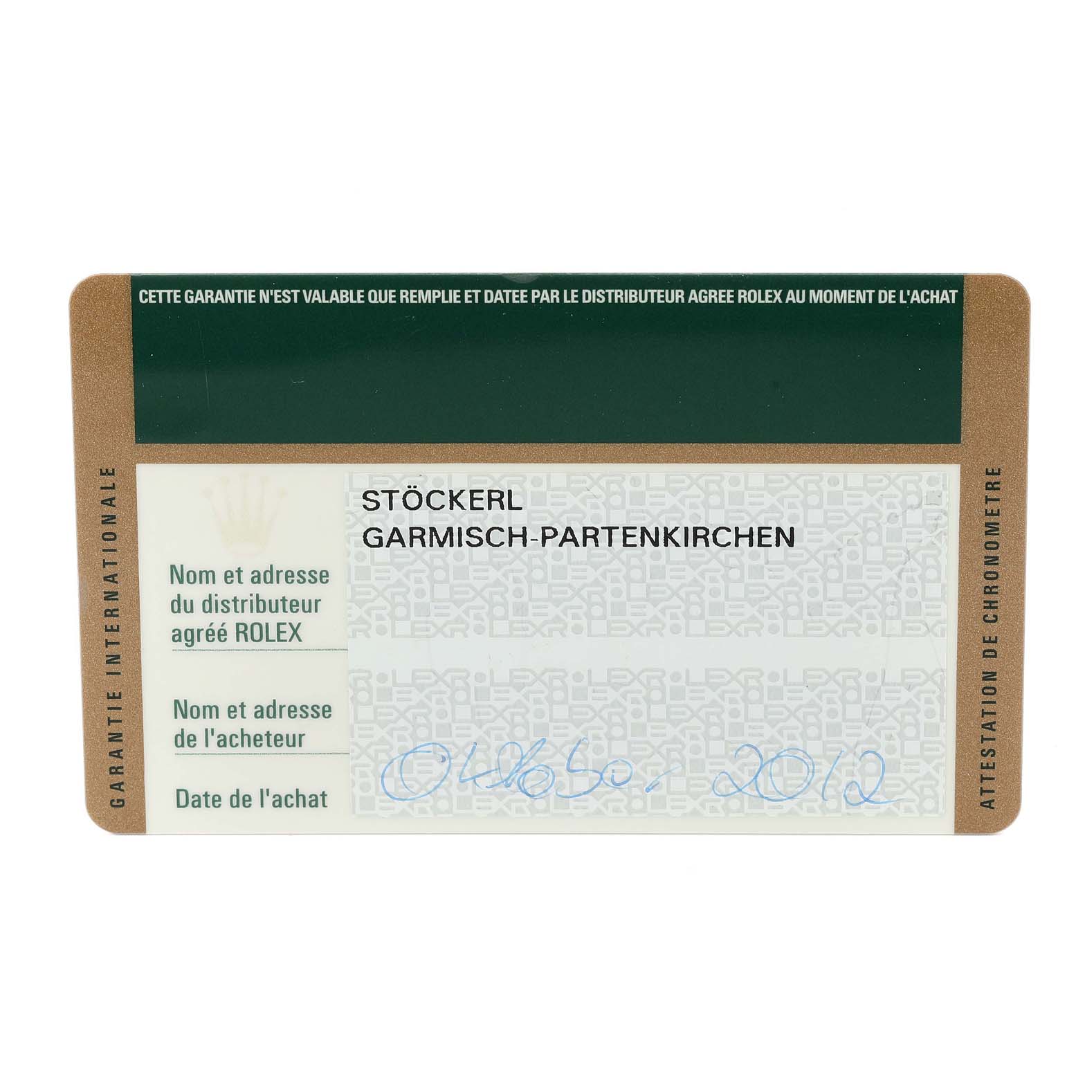 This image shows the warranty card for a Rolex President 218206 Men's Platinum Blue Dial 218206 Men's Platinum Blue Dial model watch.