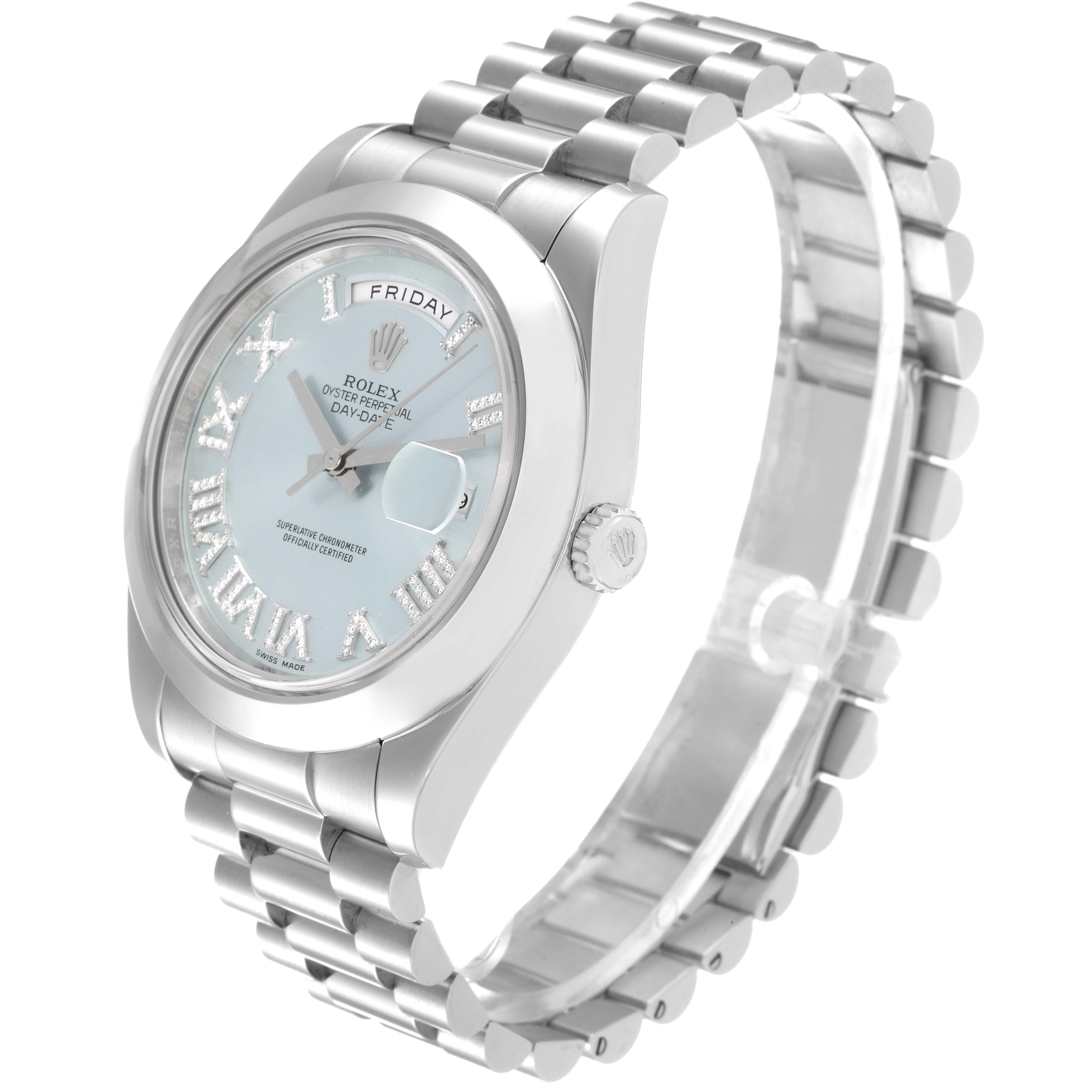 The image shows a side angle of the Rolex President 218206 Men's Platinum Blue Dial 218206 Men's Platinum Blue Dial model watch, highlighting the bracelet, crown, and dial with day and date displays.