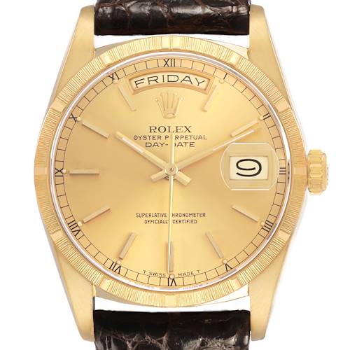 The Rolex President 18248 Men's Yellow Gold Champagne Dial model watch is shown from a front angle, displaying its dial, bezel, crown, and leather strap.