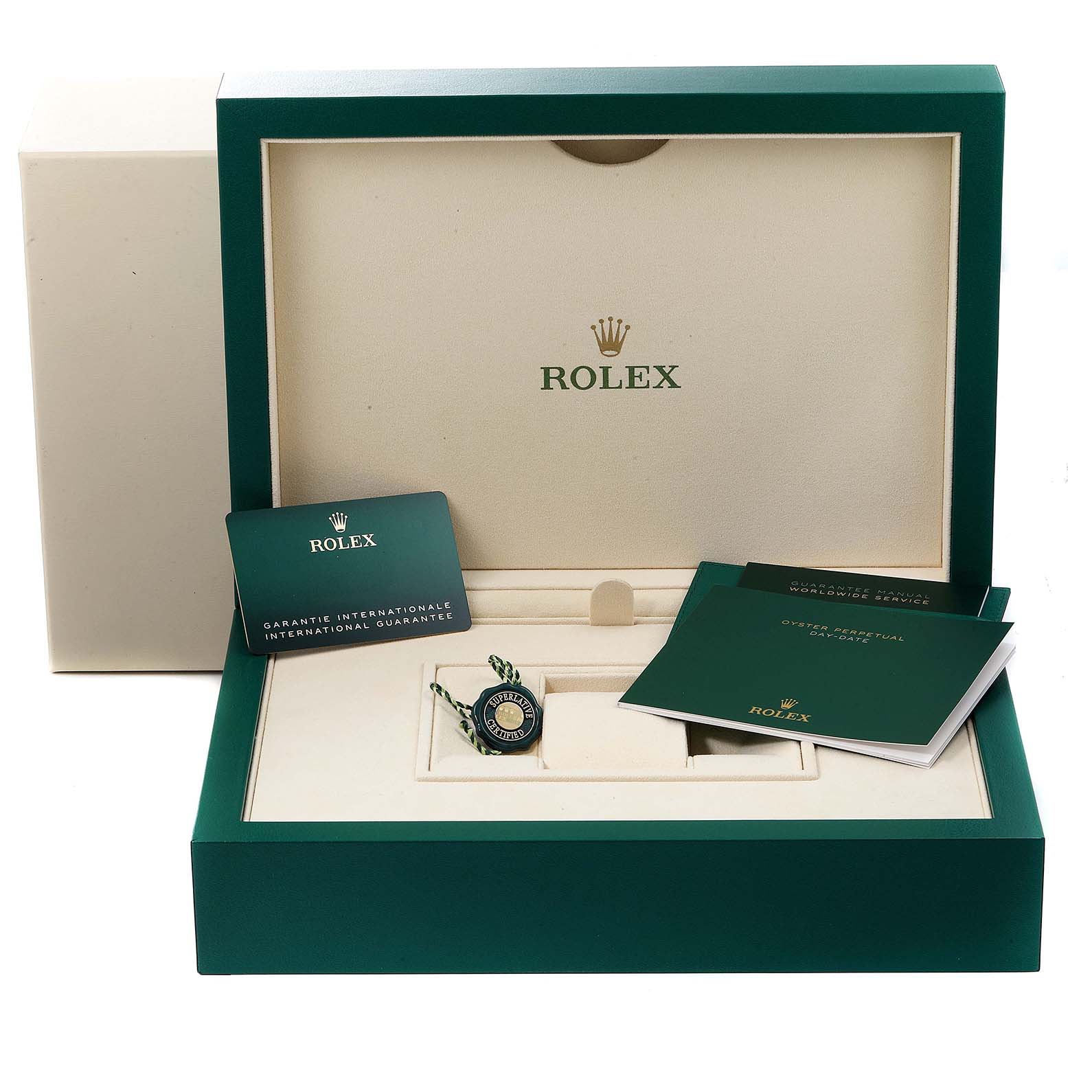 The image shows the packaging of a Rolex President 128348 Men
s Yellow Gold Grey Dial 128348 Men
s Yellow Gold Grey Dial model watch with its guarantee card, booklet, and tag.