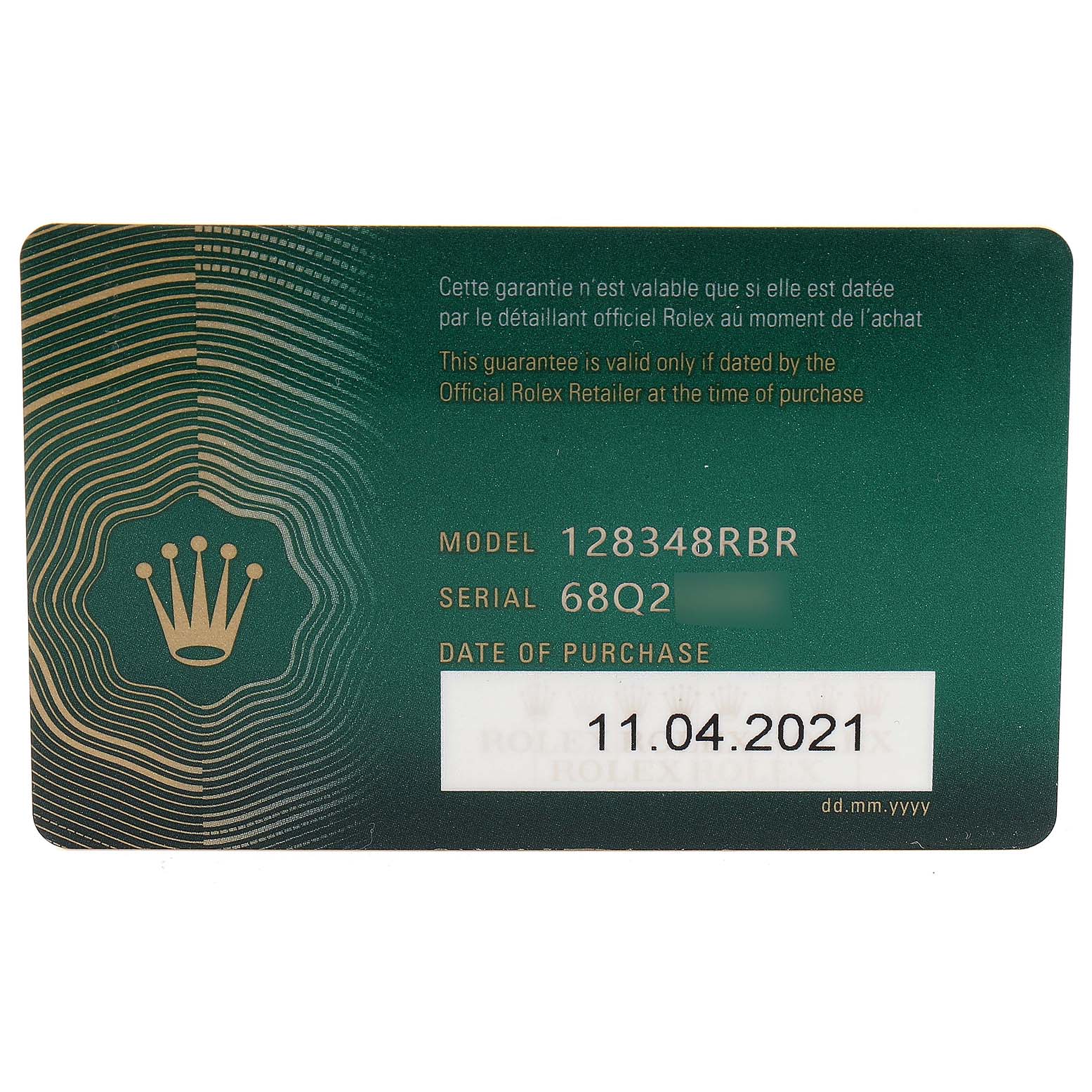 This image shows the warranty card for the Rolex President 128348 Men
s Yellow Gold Grey Dial 128348 Men
s Yellow Gold Grey Dial model 128348RBR, highlighting the purchase date and serial number.